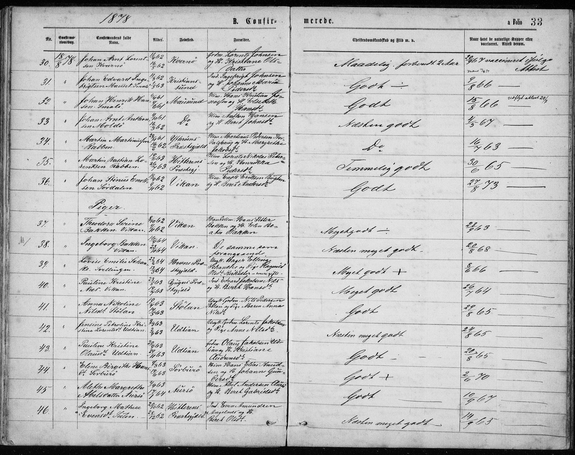 Ministerialprotokoller, klokkerbøker og fødselsregistre - Sør-Trøndelag, AV/SAT-A-1456/640/L0577: Parish register (official) no. 640A02, 1877-1878, p. 33