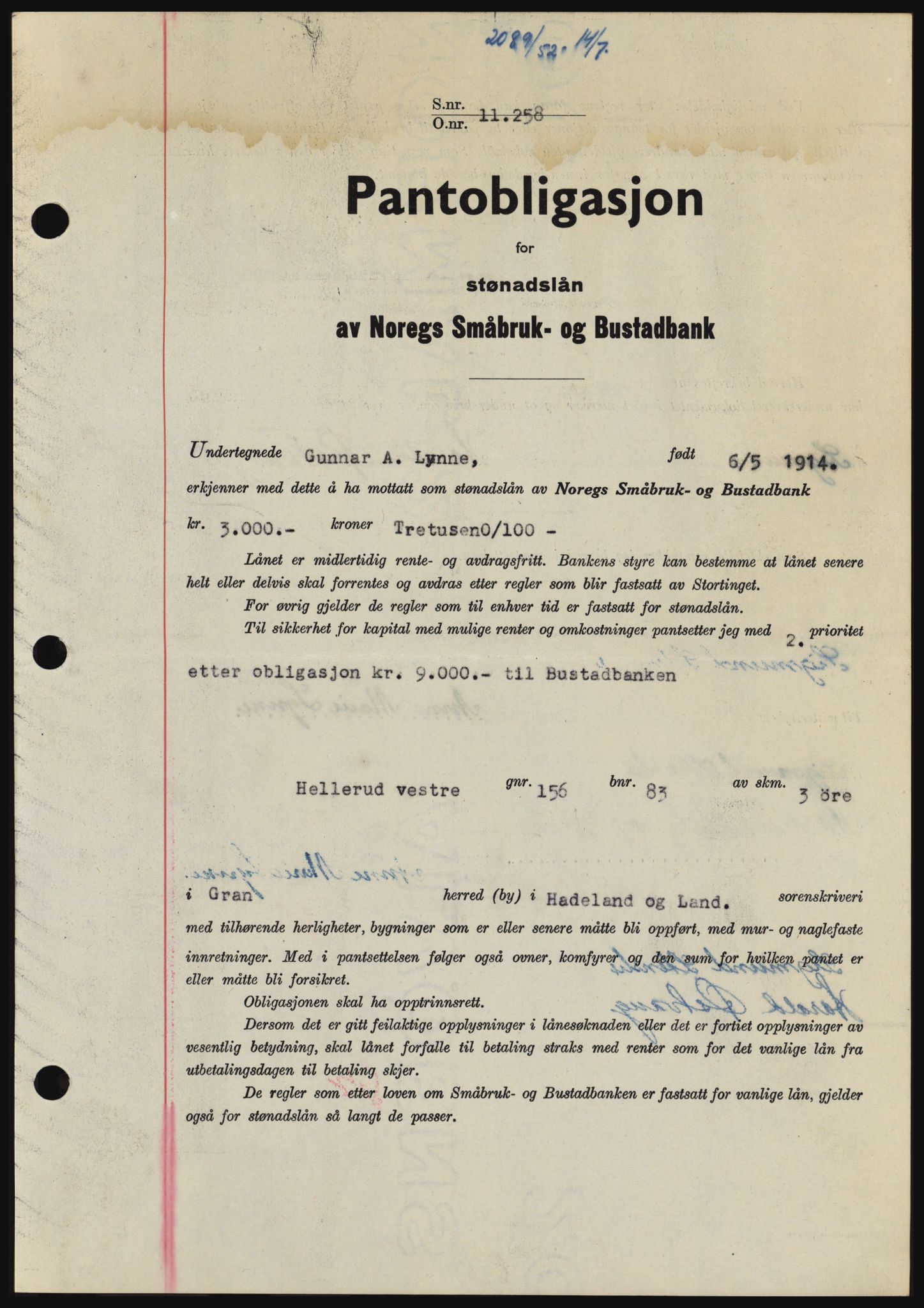 Hadeland og Land tingrett, AV/SAH-TING-010/H/Hb/Hbc/L0024: Mortgage book no. B24, 1952-1952, Diary no: : 2089/1952