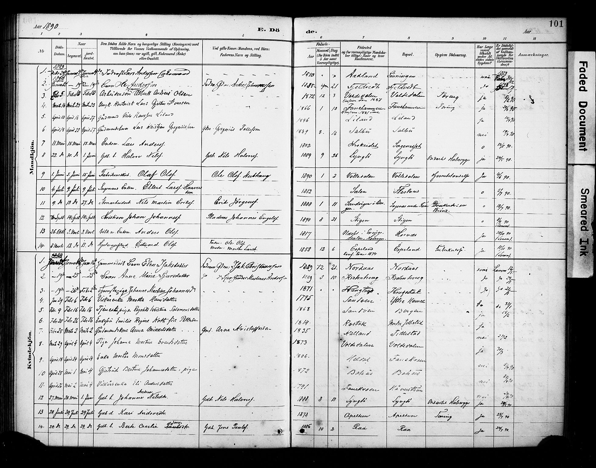 Fana Sokneprestembete, SAB/A-75101/H/Haa/Haab/L0002: Parish register (official) no. B 2, 1890-1897, p. 101