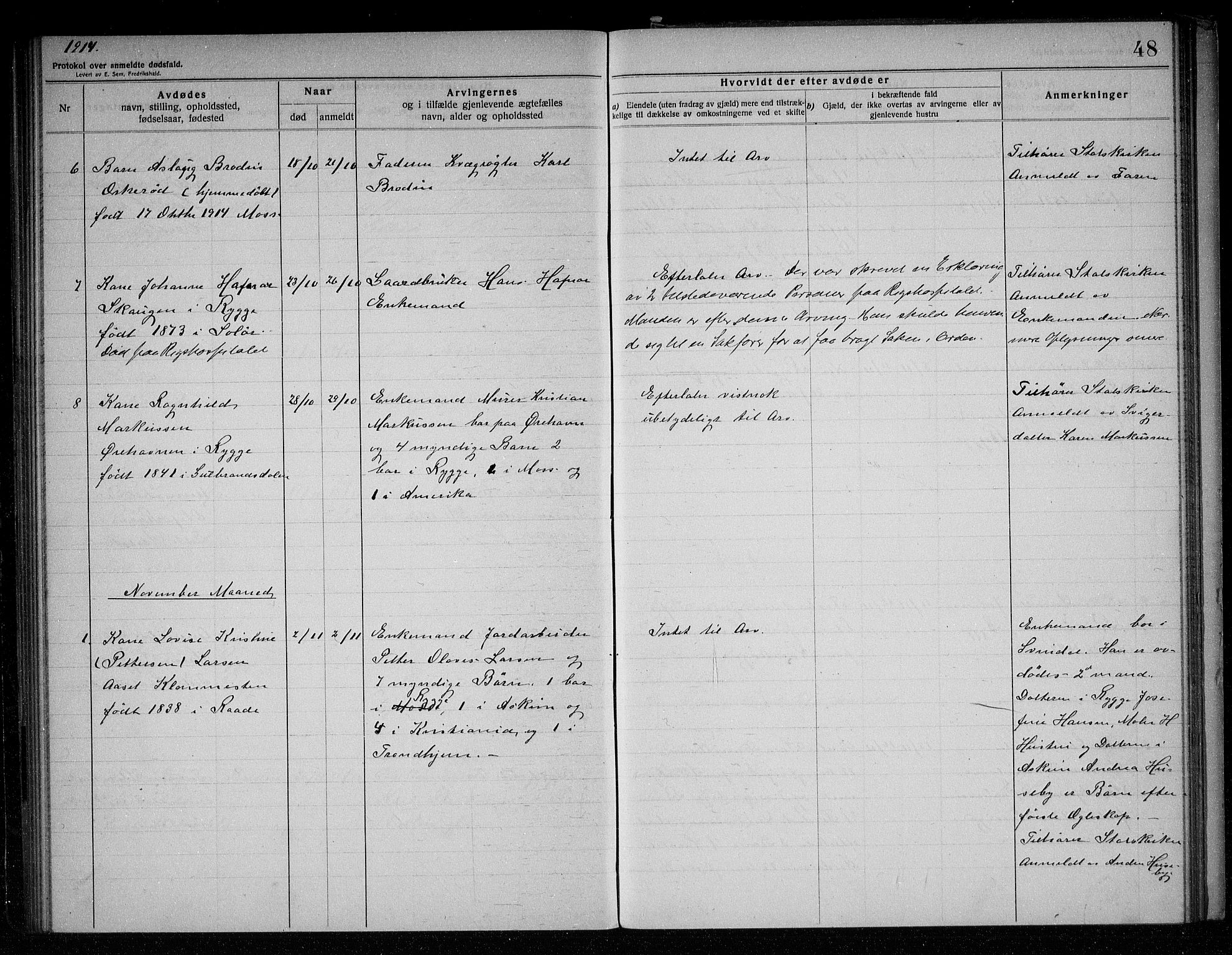 Rygge lensmannskontor, SAO/A-10005/H/Ha/Haa/L0005: Dødsfallsprotokoll, 1912-1916, p. 48