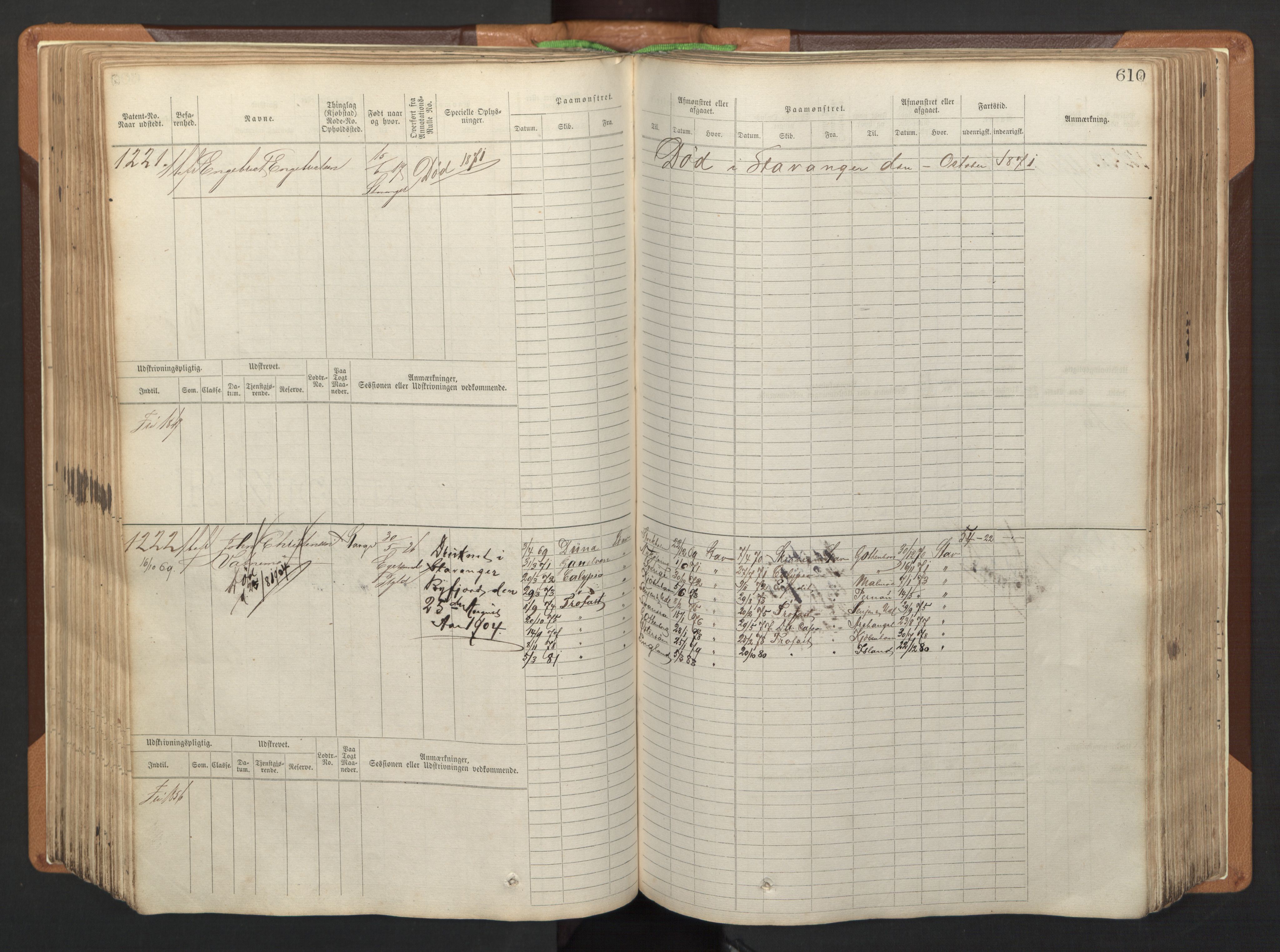 Stavanger sjømannskontor, AV/SAST-A-102006/F/Fb/Fbb/L0005: Sjøfartshovedrulle, patentnr. 793-1606 (del 2), 1869-1880, p. 220