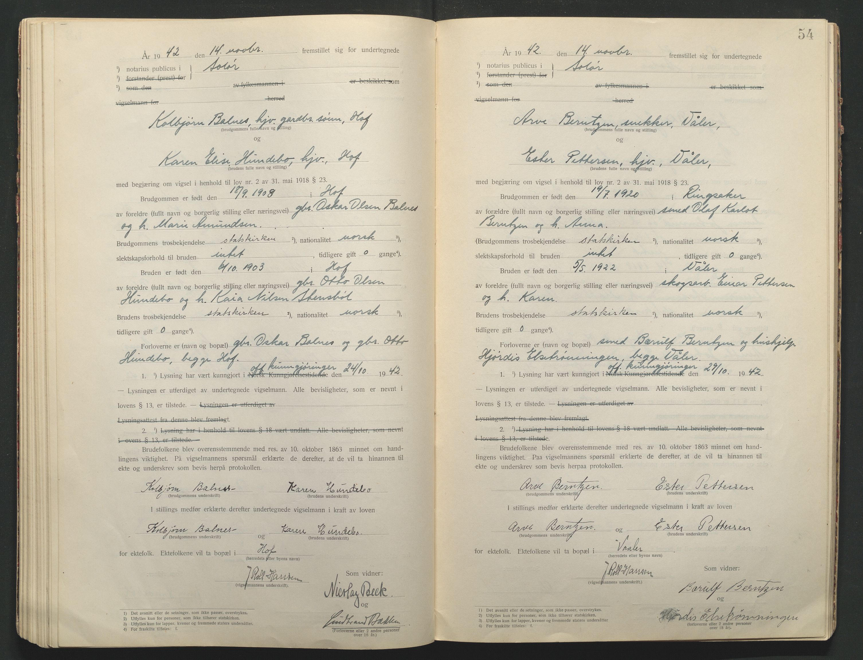 Solør tingrett, AV/SAH-TING-008/L/Lb/L0001: Vigselprotokoll, 1920-1943, p. 54