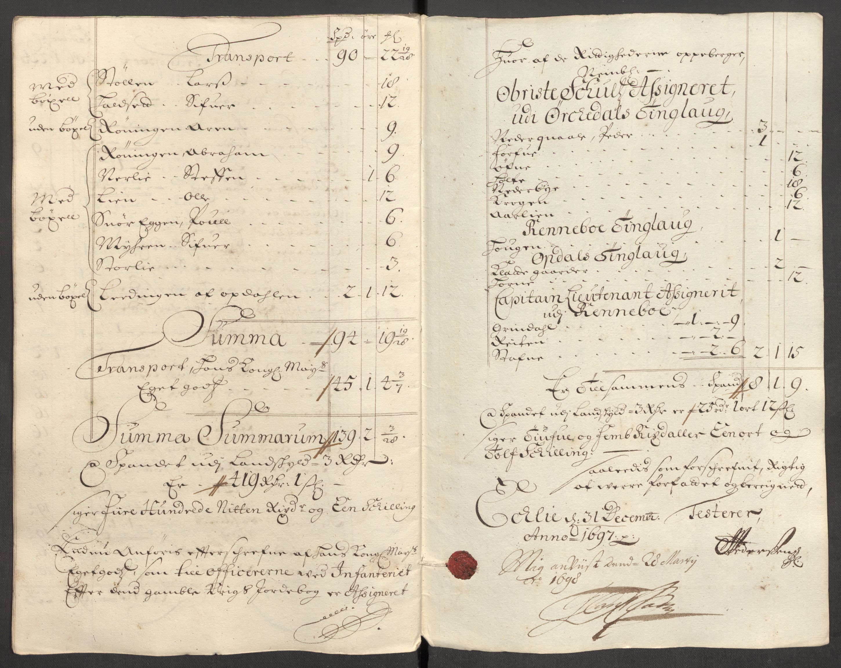 Rentekammeret inntil 1814, Reviderte regnskaper, Fogderegnskap, AV/RA-EA-4092/R60/L3947: Fogderegnskap Orkdal og Gauldal, 1697, p. 163