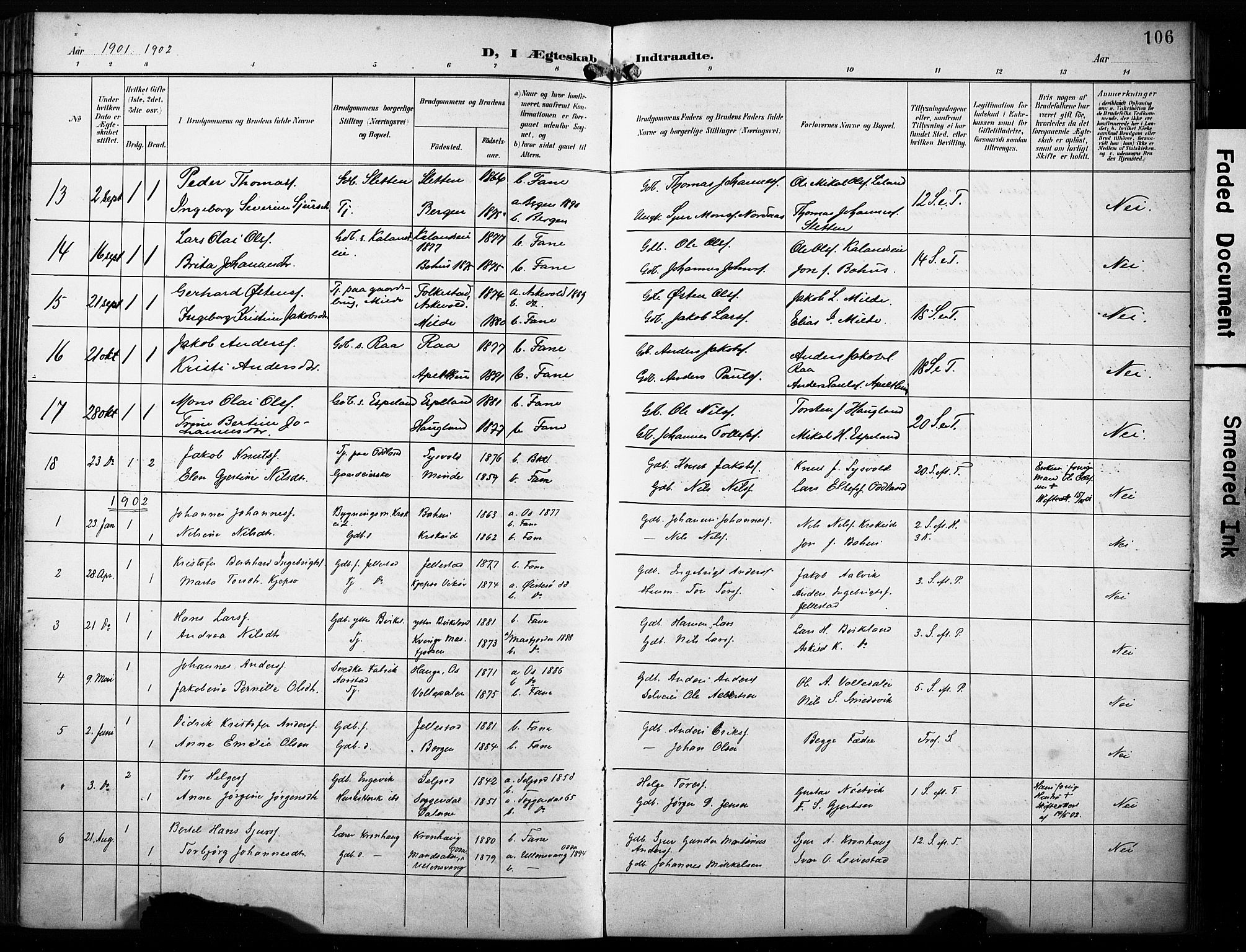 Fana Sokneprestembete, AV/SAB-A-75101/H/Haa/Haab/L0003: Parish register (official) no. B 3, 1898-1907, p. 106