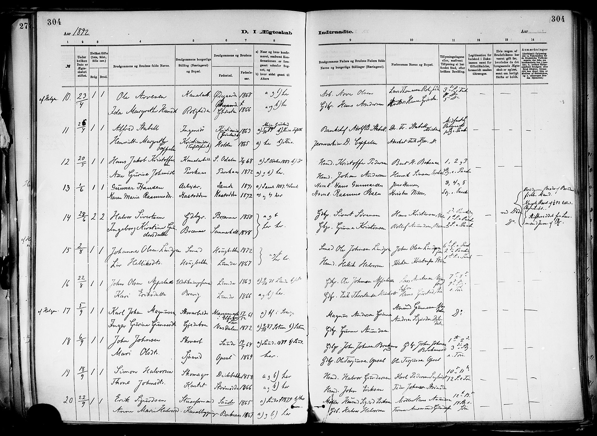 Holla kirkebøker, SAKO/A-272/F/Fa/L0008: Parish register (official) no. 8, 1882-1897, p. 304