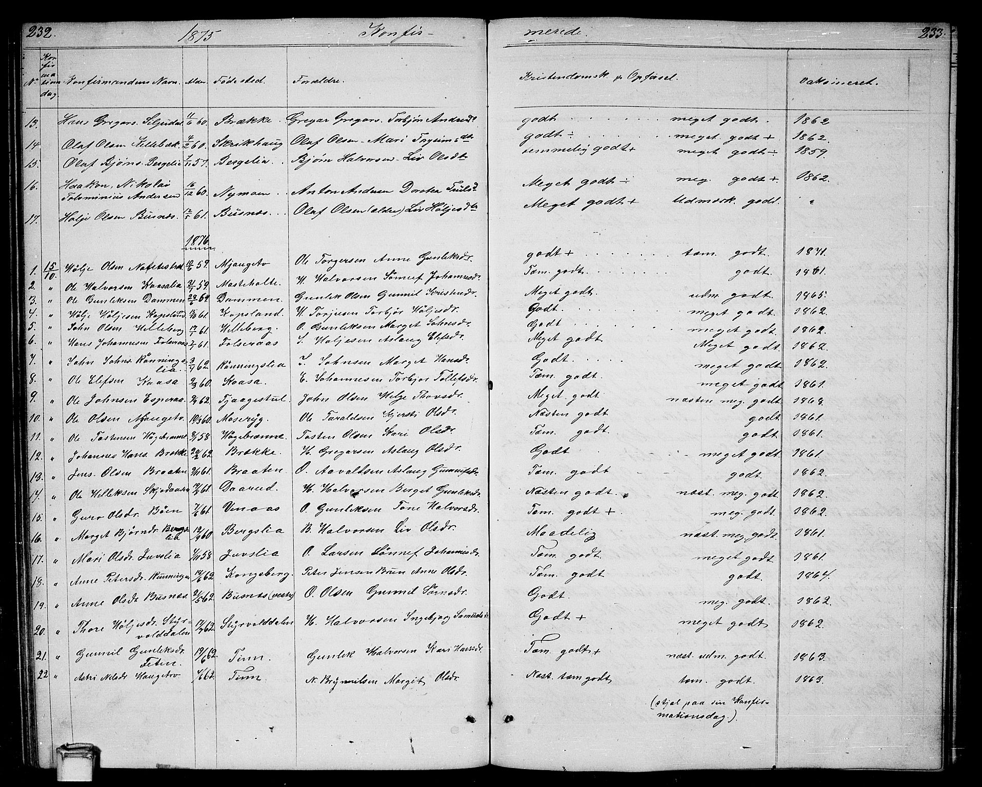Gransherad kirkebøker, SAKO/A-267/G/Ga/L0002: Parish register (copy) no. I 2, 1854-1886, p. 232-233