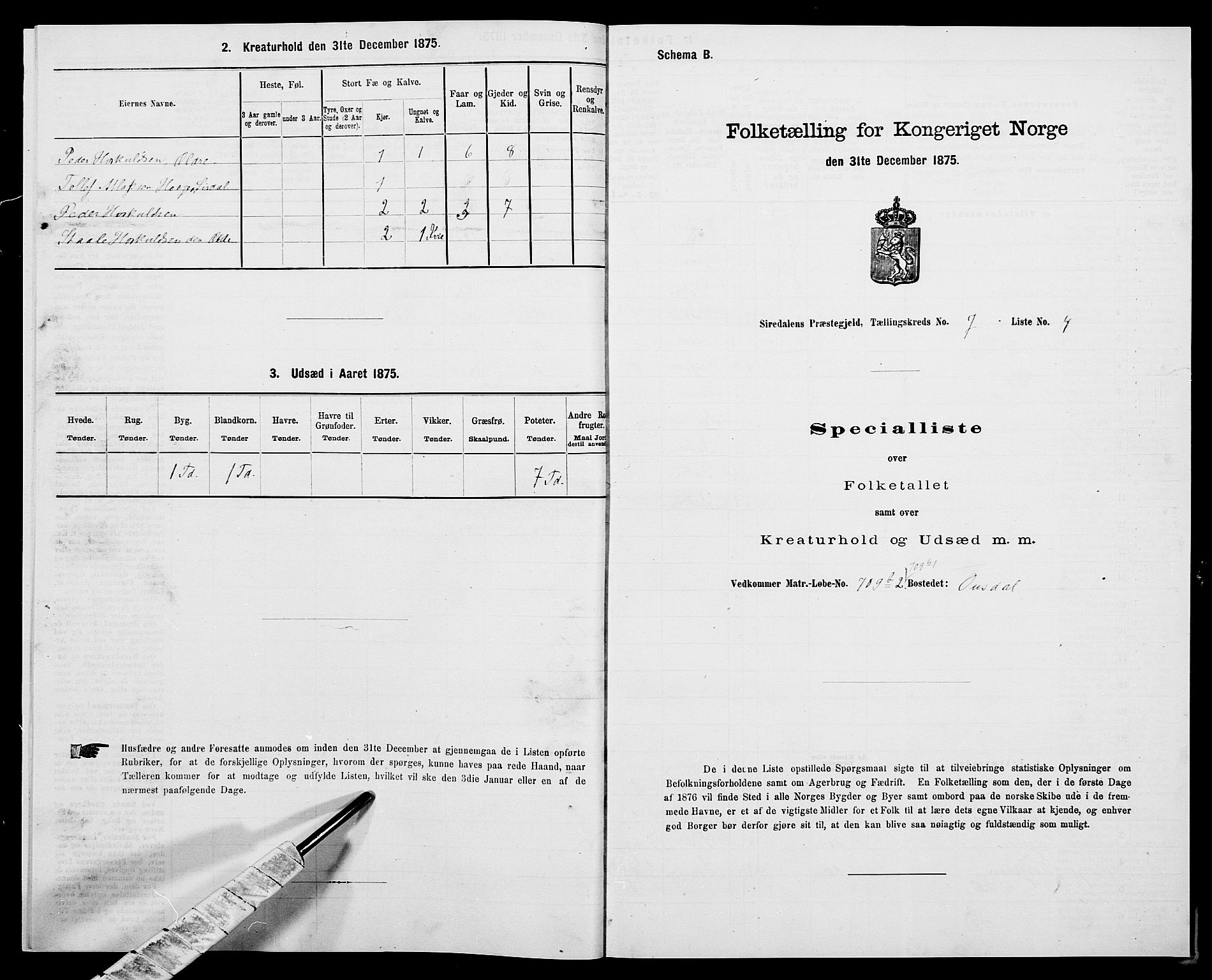 SAK, 1875 census for 1046P Sirdal, 1875, p. 582