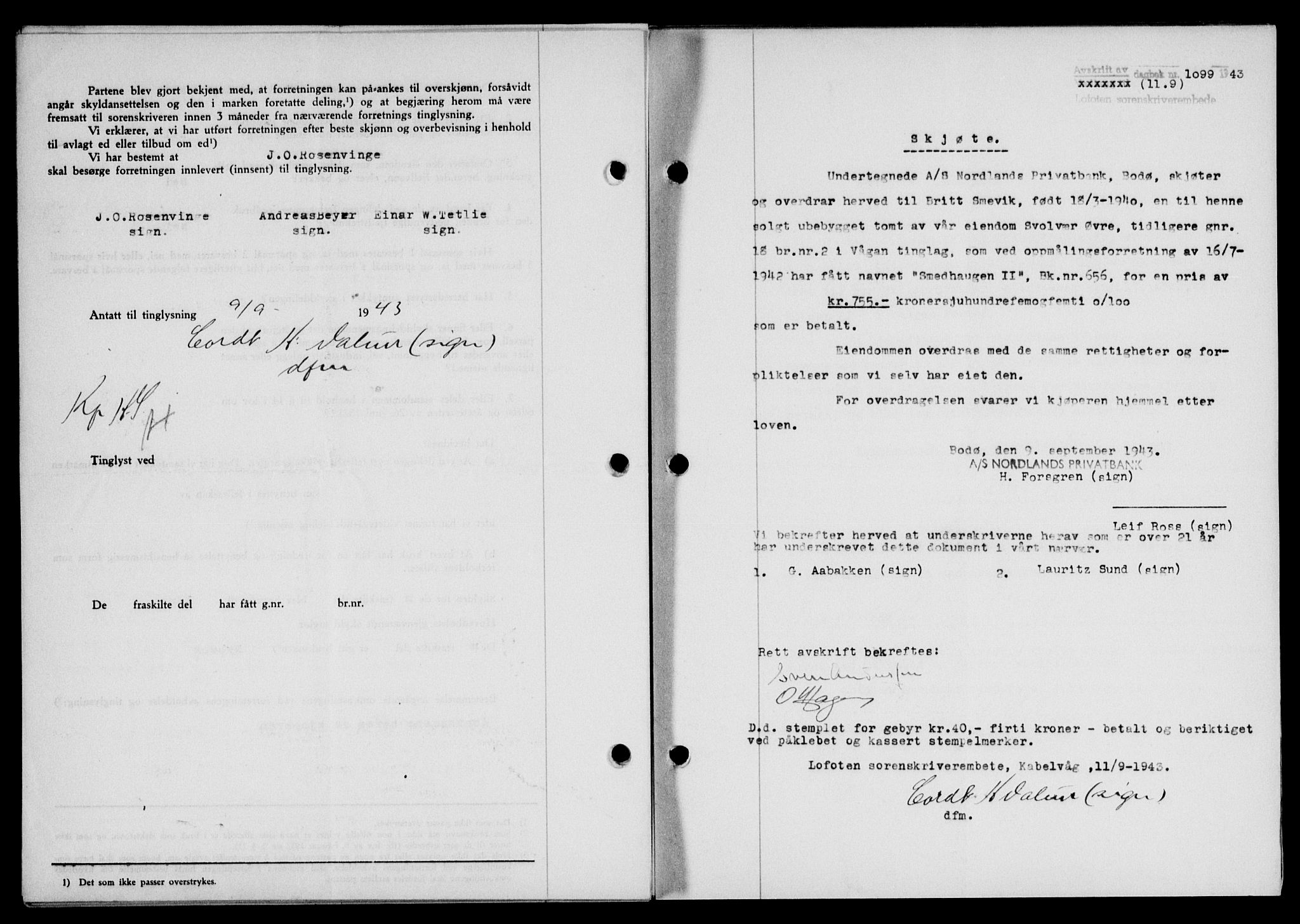 Lofoten sorenskriveri, SAT/A-0017/1/2/2C/L0011a: Mortgage book no. 11a, 1943-1943, Diary no: : 1099/1943