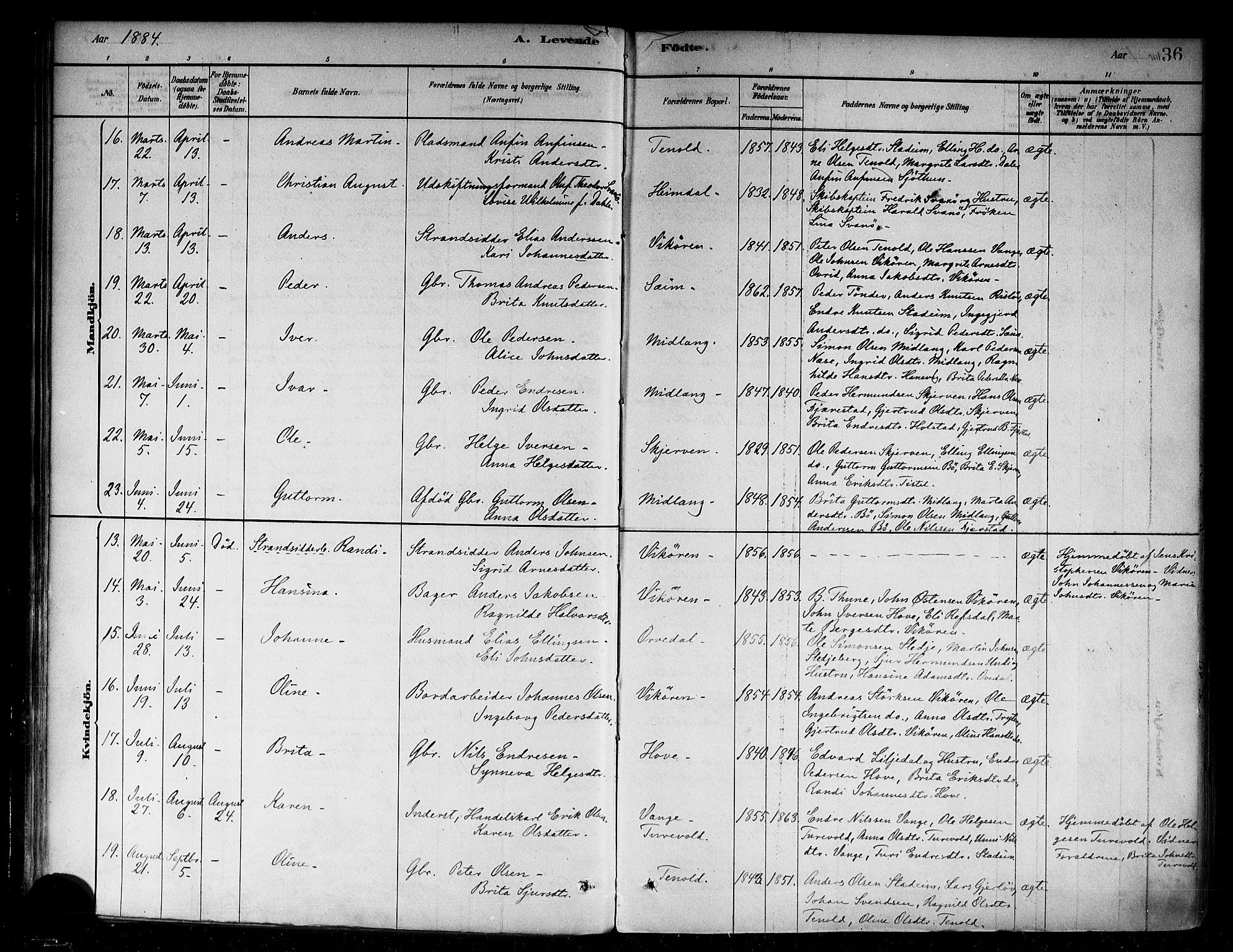 Vik sokneprestembete, AV/SAB-A-81501/H/Haa/Haab/L0001: Parish register (official) no. B 1, 1878-1890, p. 36