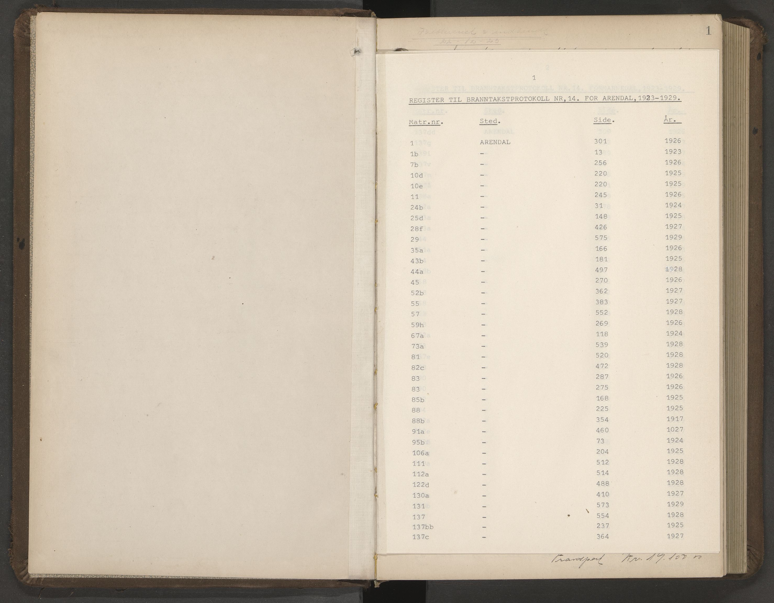 Norges Brannkasse Arendal, AV/SAK-2241-0002/F/Fa/L0031: Branntakstprotokoll nr. 29 med matrikkelnummerregister, 1923-1929
