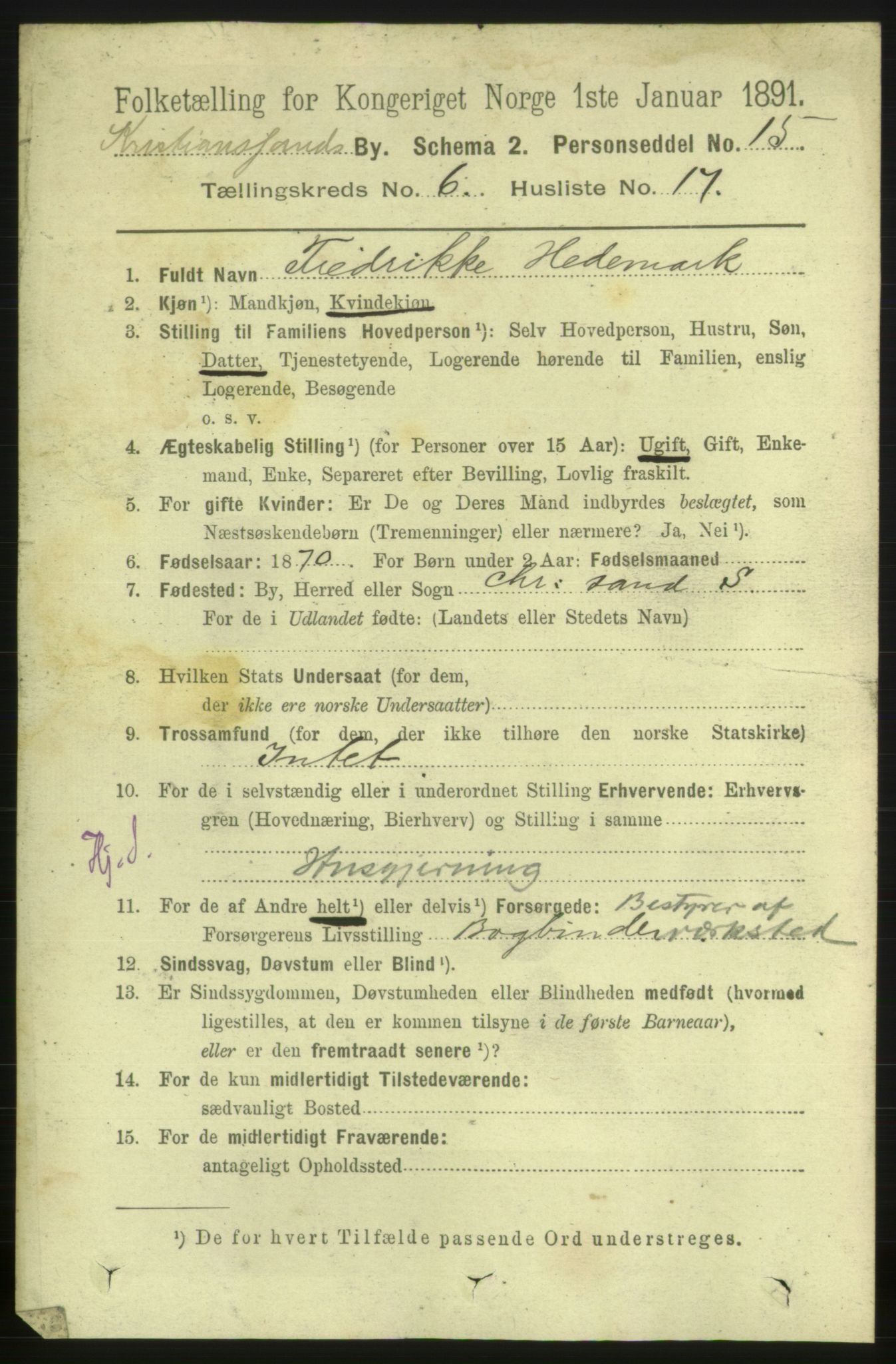 RA, 1891 census for 1001 Kristiansand, 1891, p. 4659