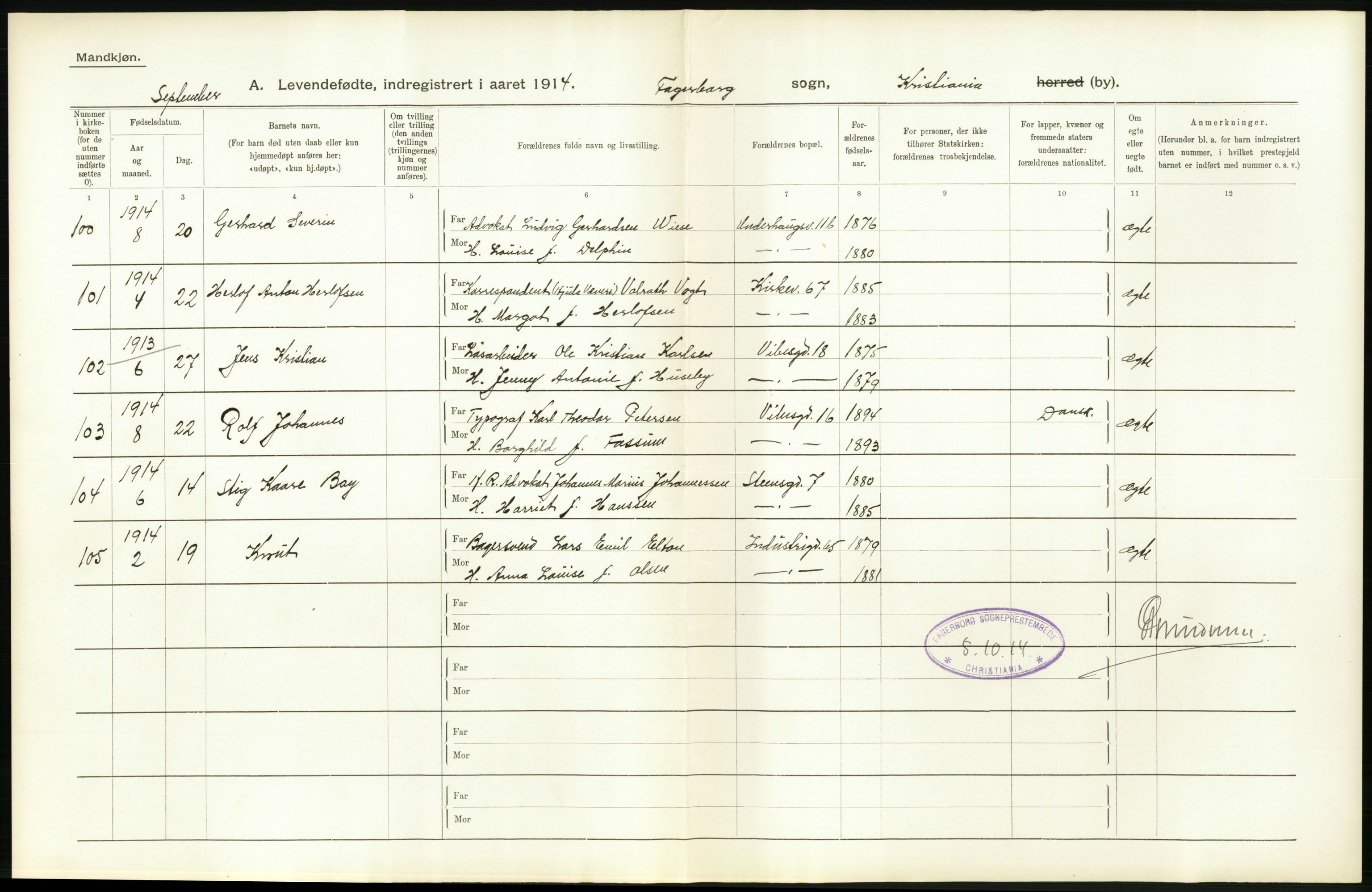 Statistisk sentralbyrå, Sosiodemografiske emner, Befolkning, AV/RA-S-2228/D/Df/Dfb/Dfbd/L0006: Kristiania: Levendefødte menn og kvinner., 1914, p. 90