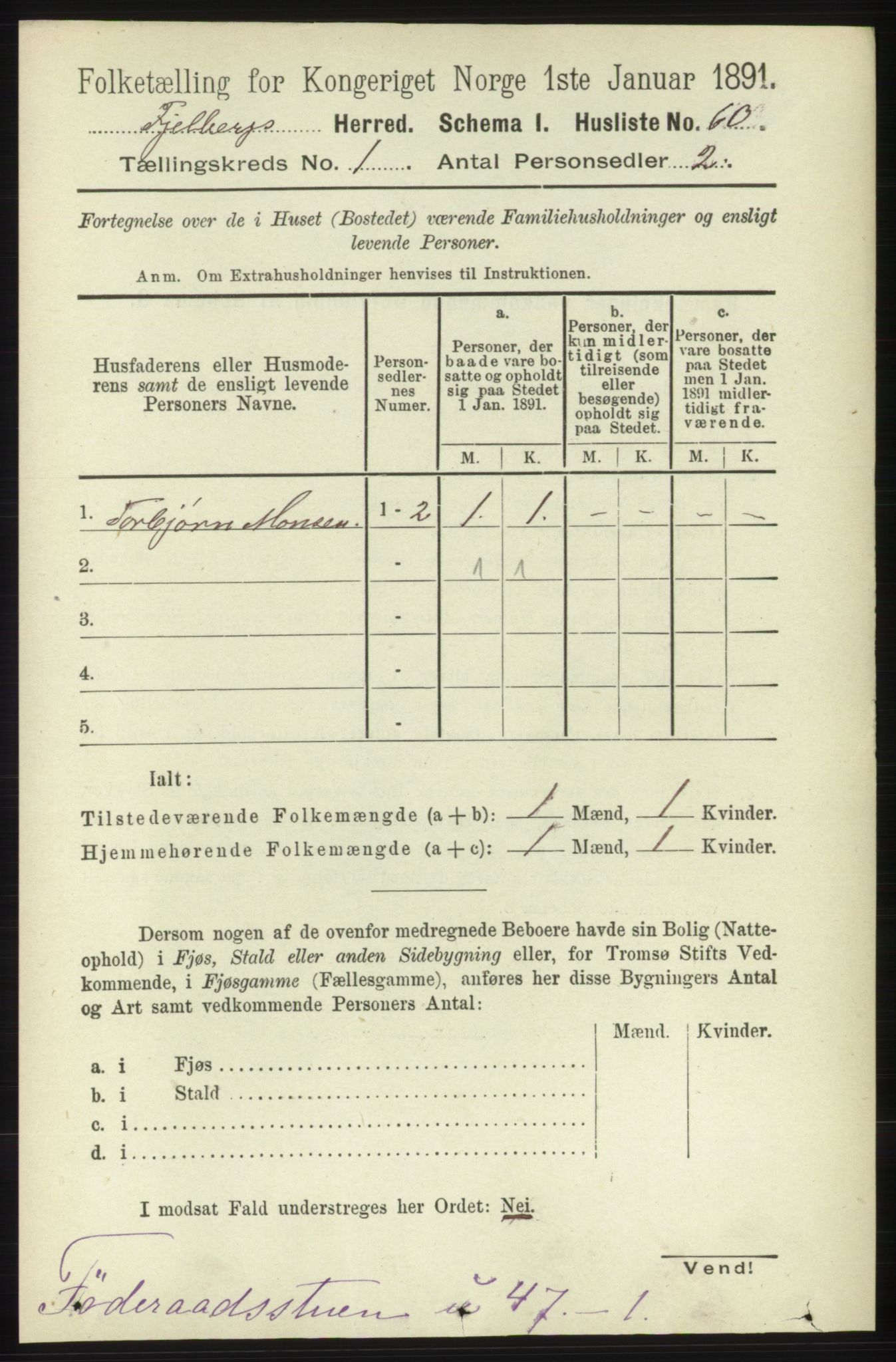 RA, 1891 census for 1213 Fjelberg, 1891, p. 89