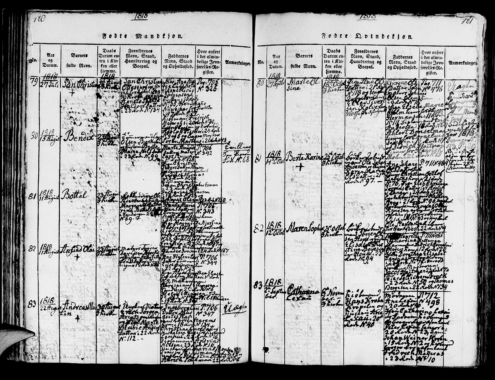 Korskirken sokneprestembete, AV/SAB-A-76101/H/Hab: Parish register (copy) no. A 1b, 1815-1821, p. 180-181