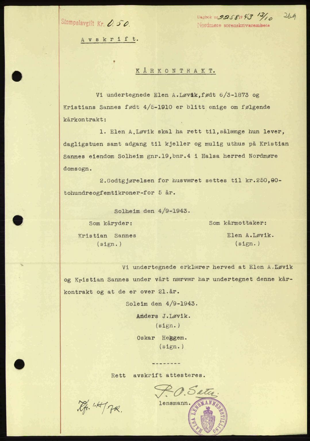 Nordmøre sorenskriveri, AV/SAT-A-4132/1/2/2Ca: Mortgage book no. B91, 1943-1944, Diary no: : 2258/1943