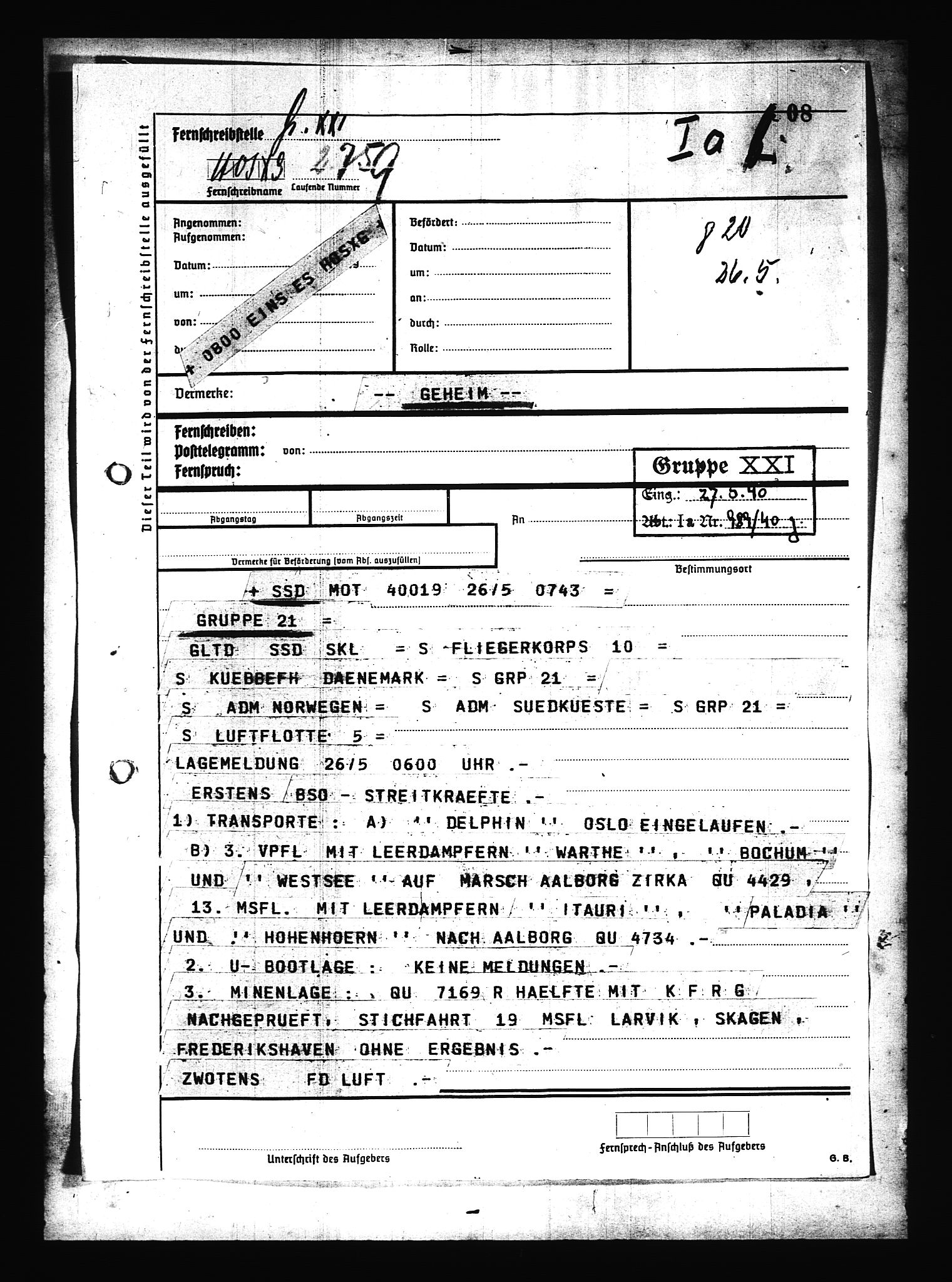 Documents Section, AV/RA-RAFA-2200/V/L0079: Amerikansk mikrofilm "Captured German Documents".
Box No. 718.  FKA jnr. 601/1954., 1940, p. 5