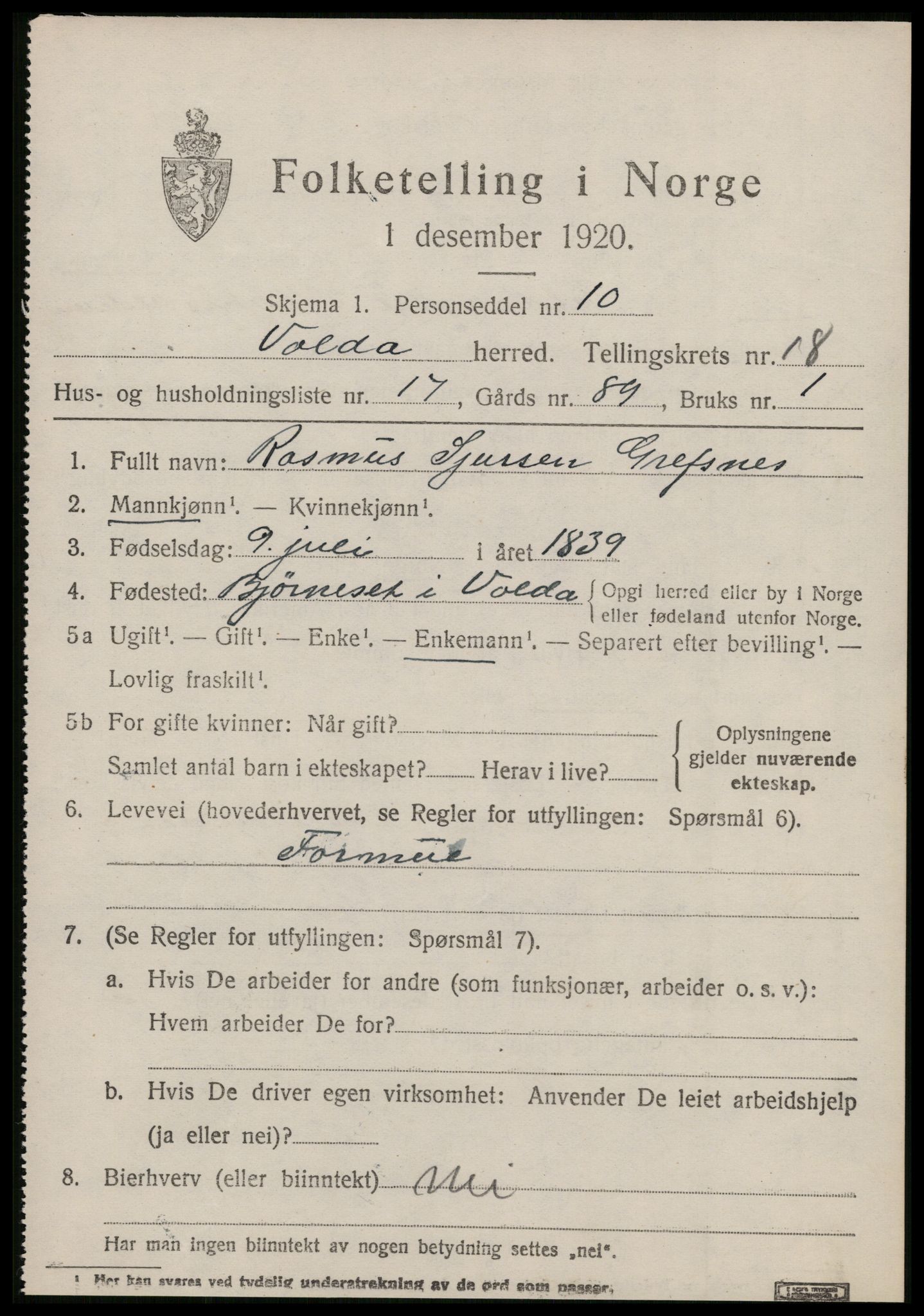 SAT, 1920 census for Volda, 1920, p. 10104