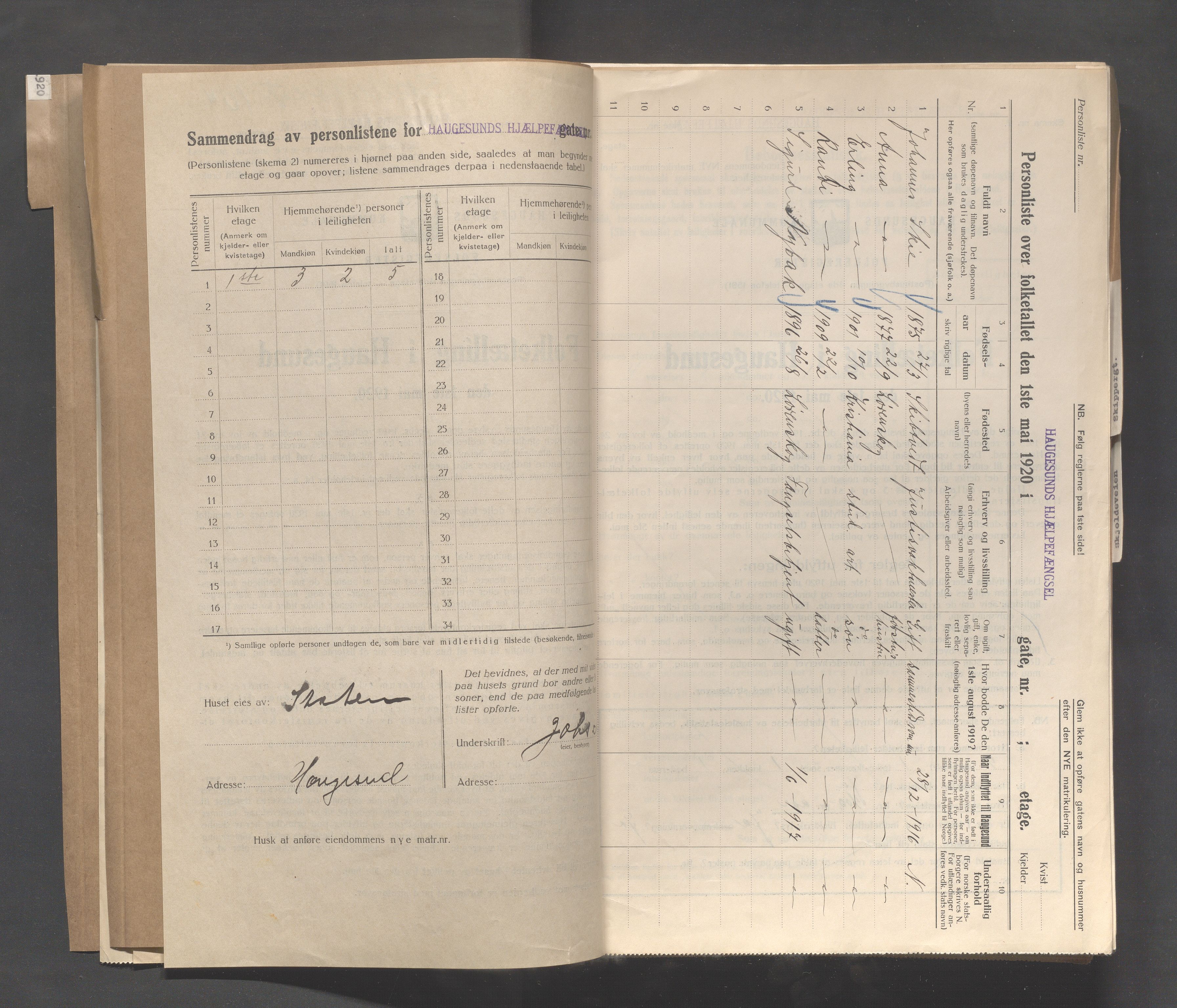 IKAR, Local census 1.5.1920 for Haugesund, 1920, p. 3726