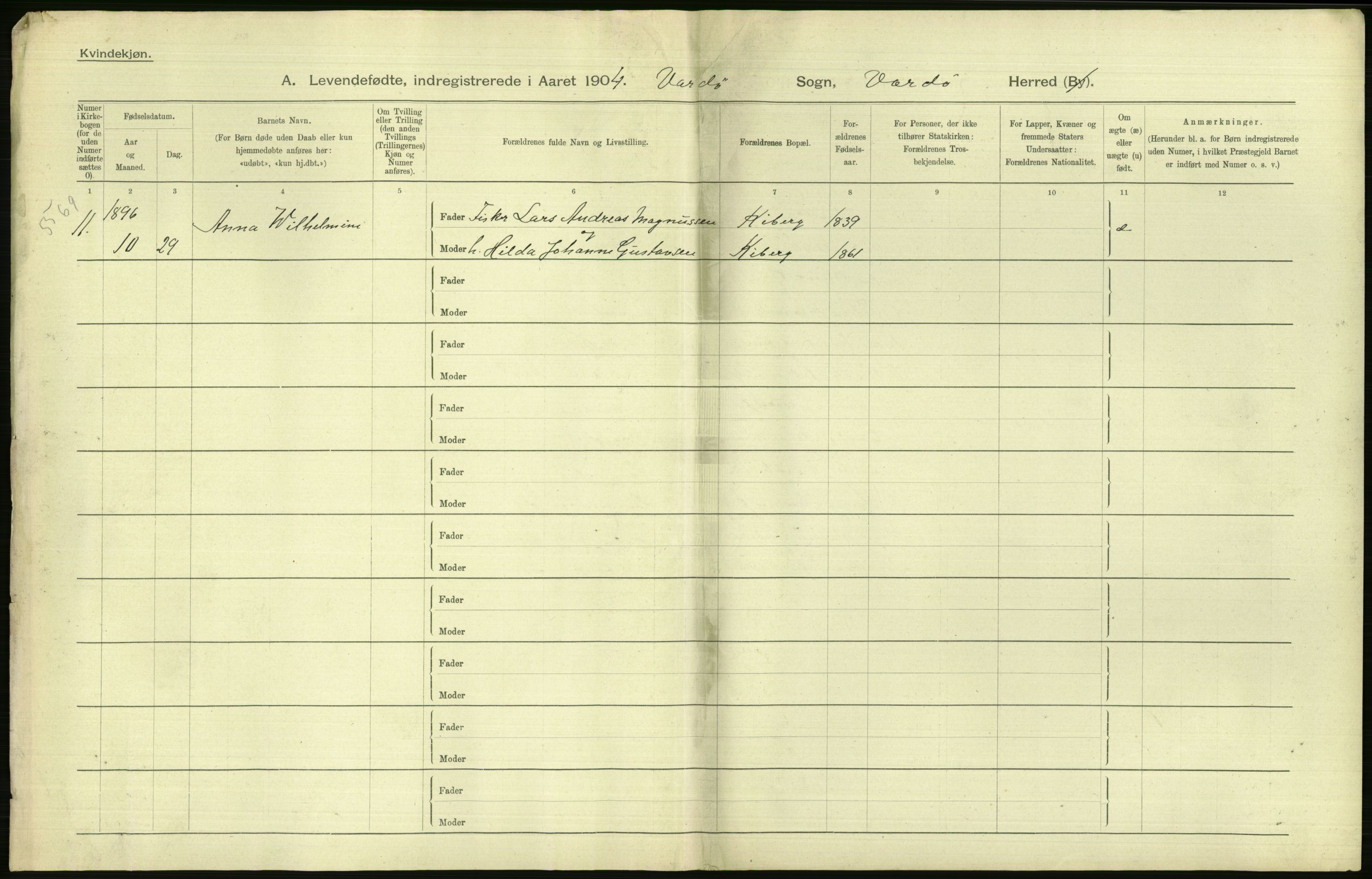 Statistisk sentralbyrå, Sosiodemografiske emner, Befolkning, AV/RA-S-2228/D/Df/Dfa/Dfab/L0023: Finnmarkens amt: Fødte, gifte, døde, 1904, p. 126
