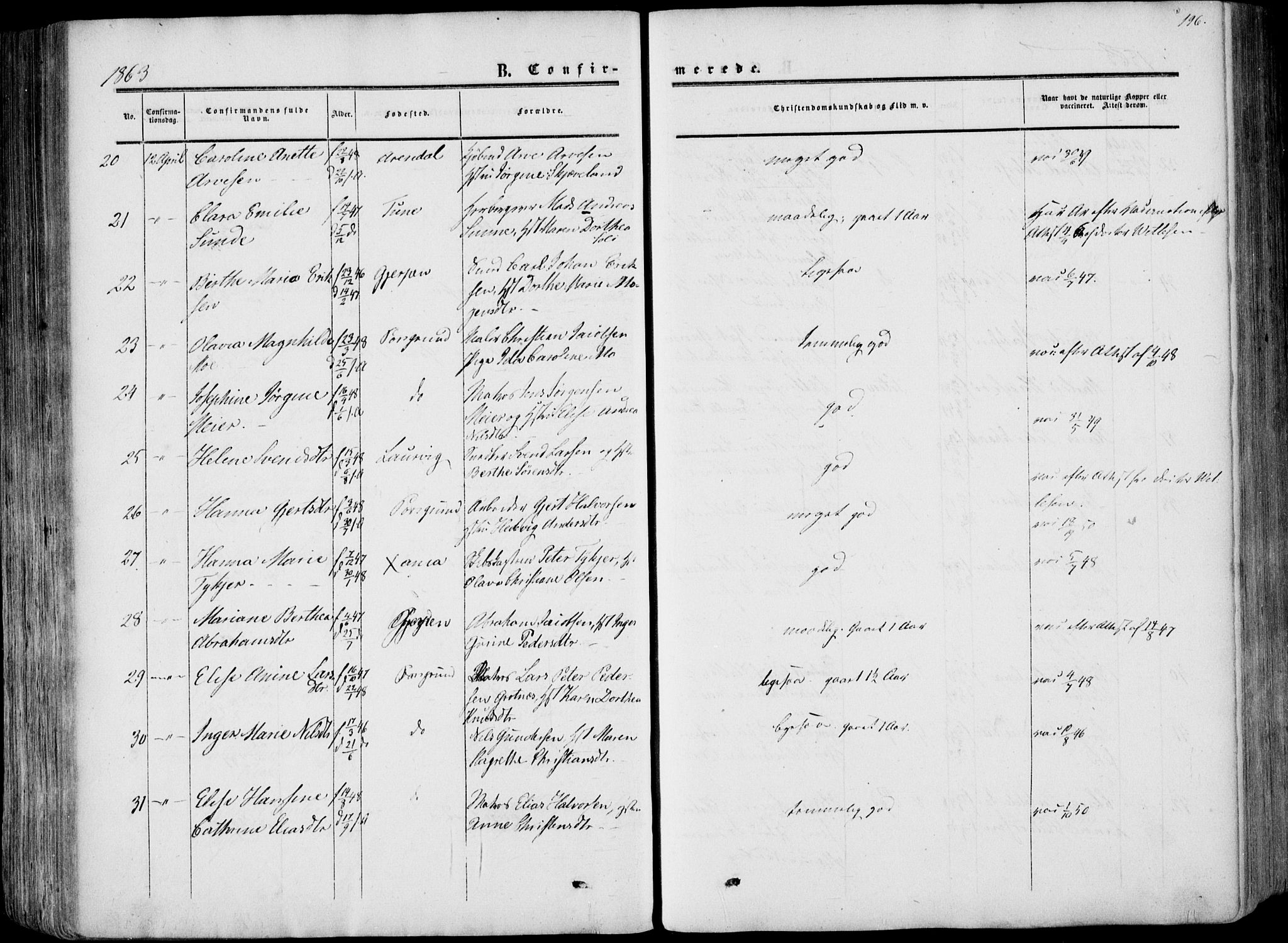 Porsgrunn kirkebøker , SAKO/A-104/F/Fa/L0007: Parish register (official) no. 7, 1858-1877, p. 196