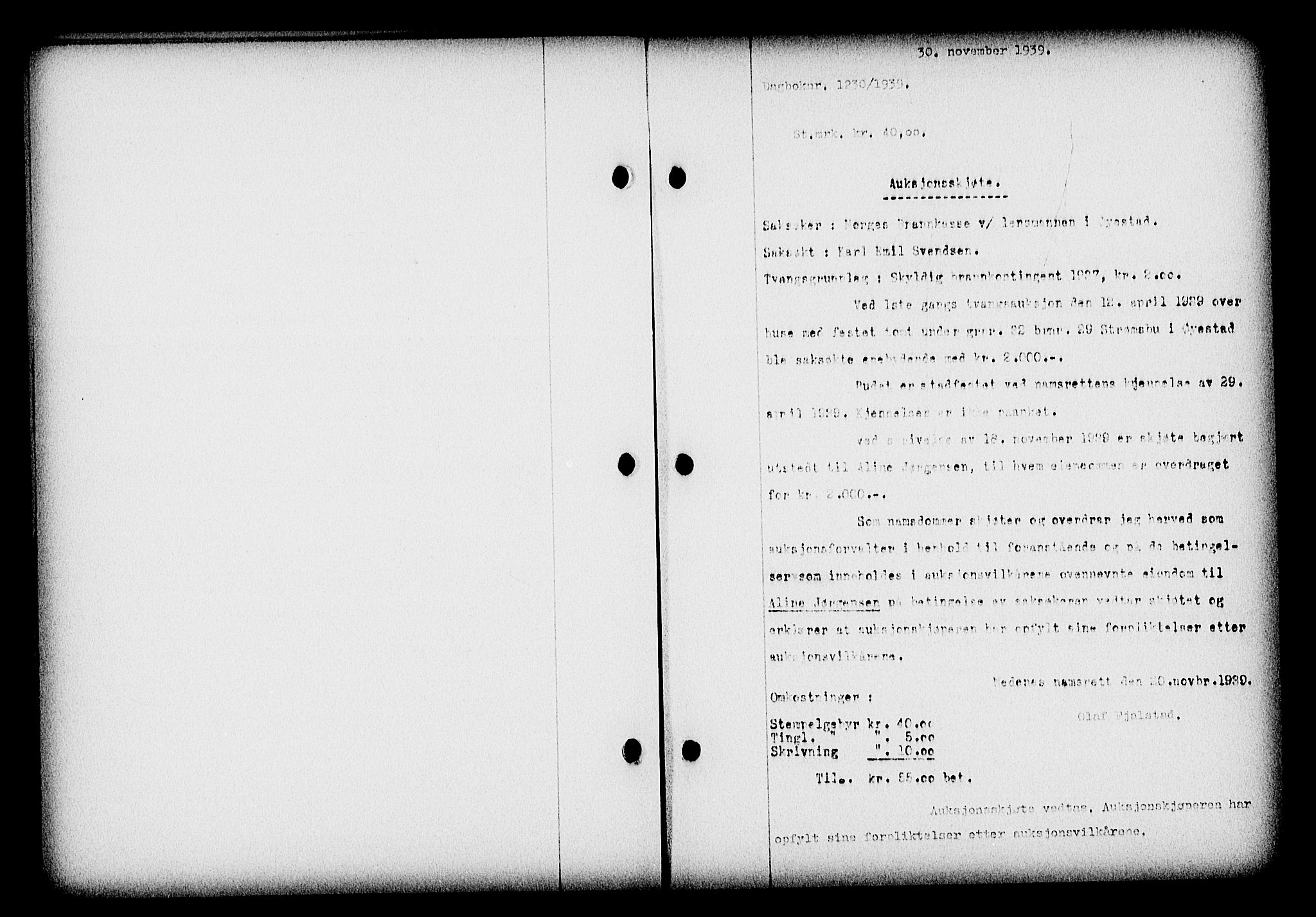 Nedenes sorenskriveri, SAK/1221-0006/G/Gb/Gba/L0047: Mortgage book no. A-I, 1939-1940, Diary no: : 1230/1939