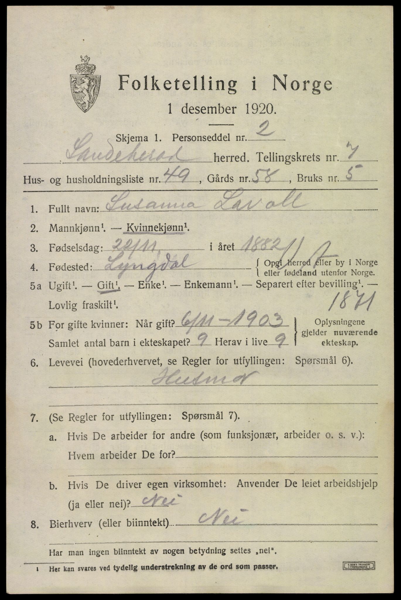 SAKO, 1920 census for Sandeherred, 1920, p. 12490