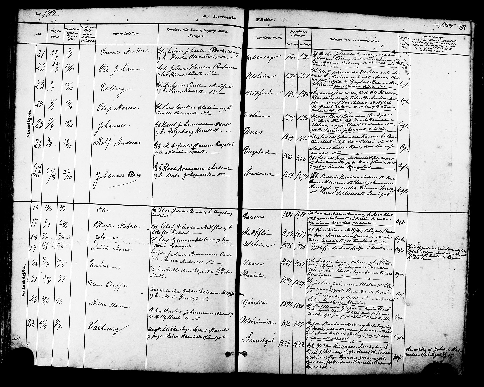 Ministerialprotokoller, klokkerbøker og fødselsregistre - Møre og Romsdal, AV/SAT-A-1454/509/L0112: Parish register (copy) no. 509C02, 1883-1922, p. 87