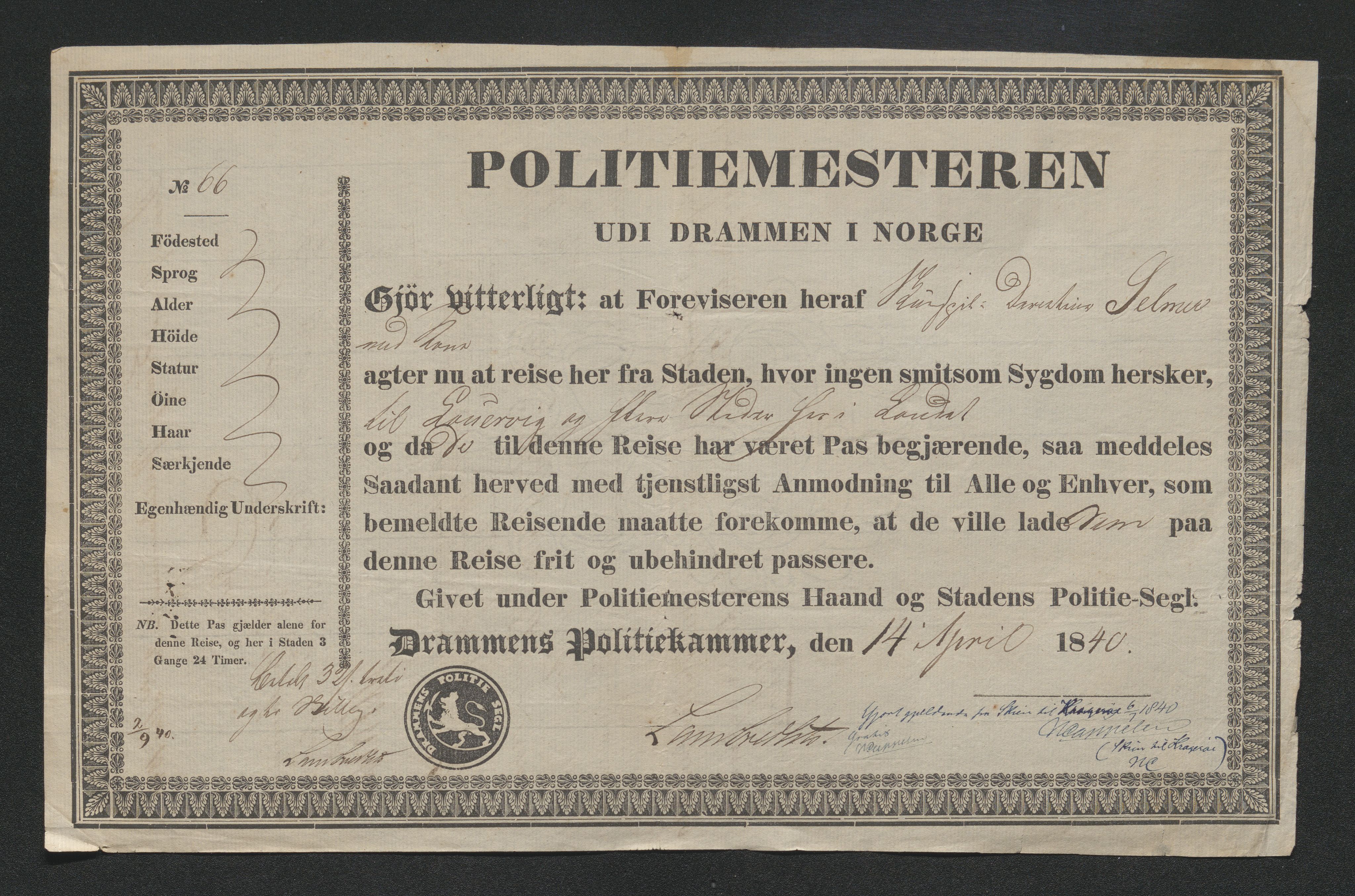 Drammen politikammer, AV/SAKO-A-623/I/Ia/Iab/L0006: Innleverte pass, 1841-1842, p. 28