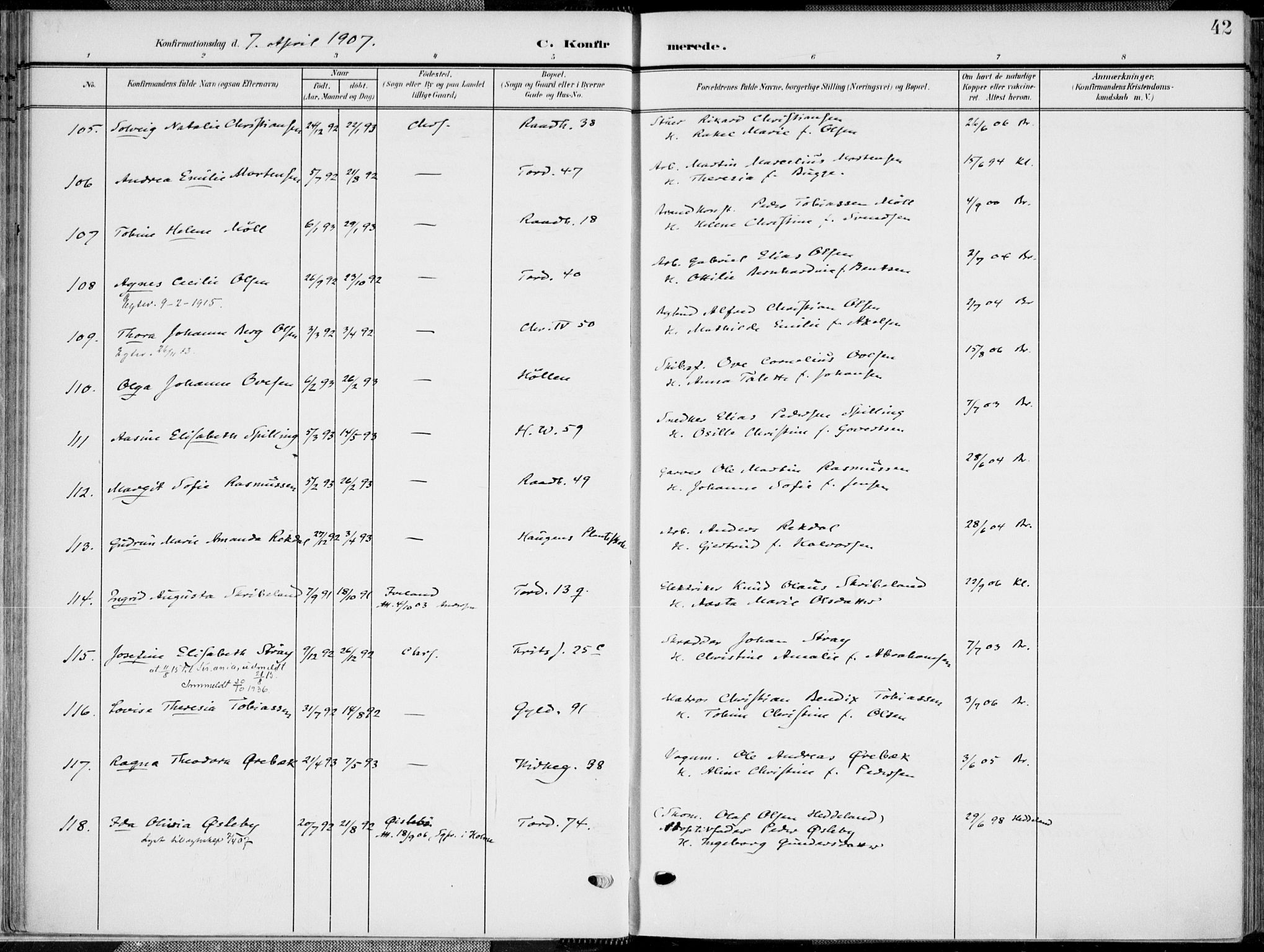 Kristiansand domprosti, AV/SAK-1112-0006/F/Fa/L0022: Parish register (official) no. A 21, 1905-1916, p. 42