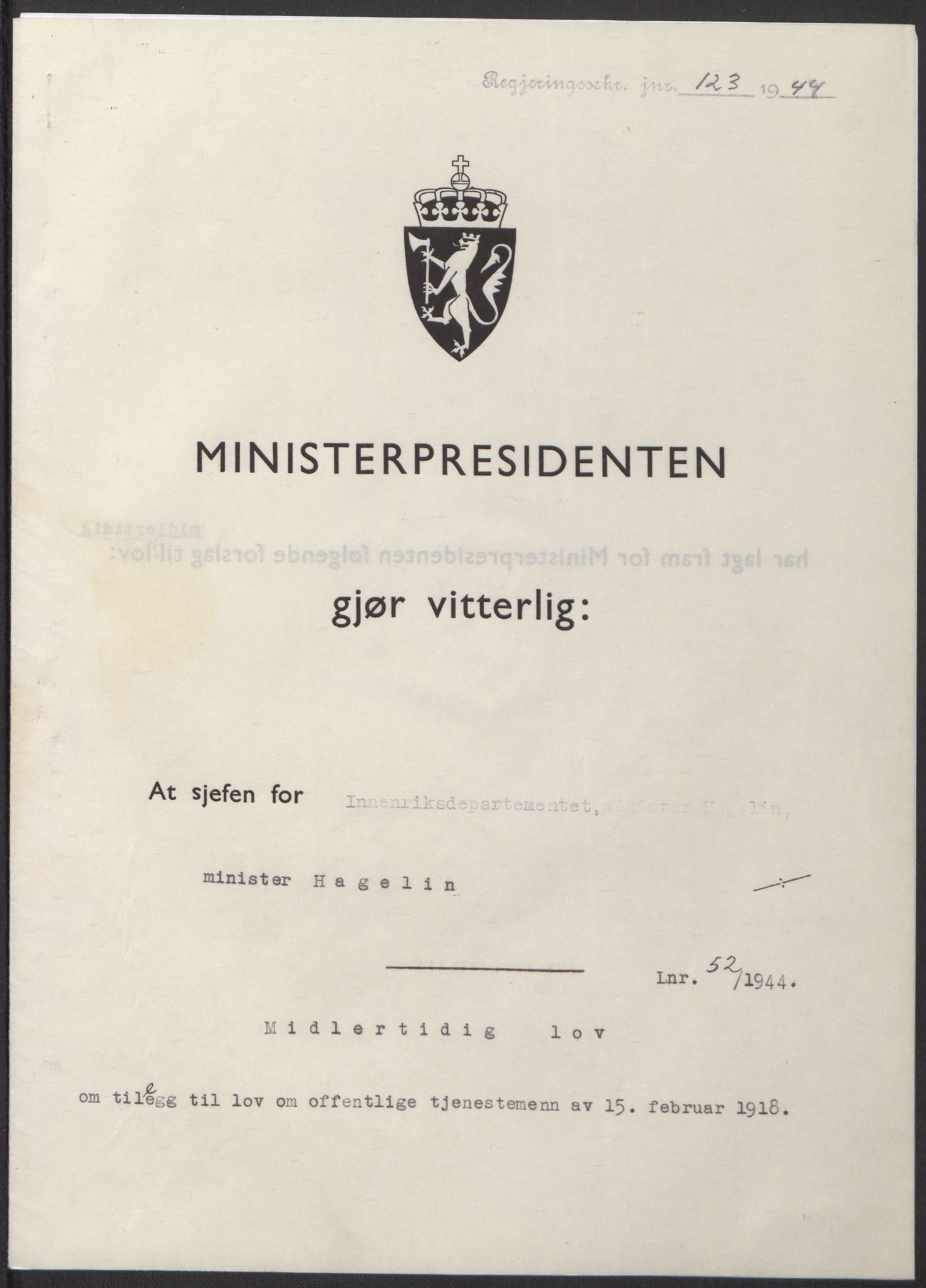 NS-administrasjonen 1940-1945 (Statsrådsekretariatet, de kommisariske statsråder mm), RA/S-4279/D/Db/L0100: Lover, 1944, p. 243