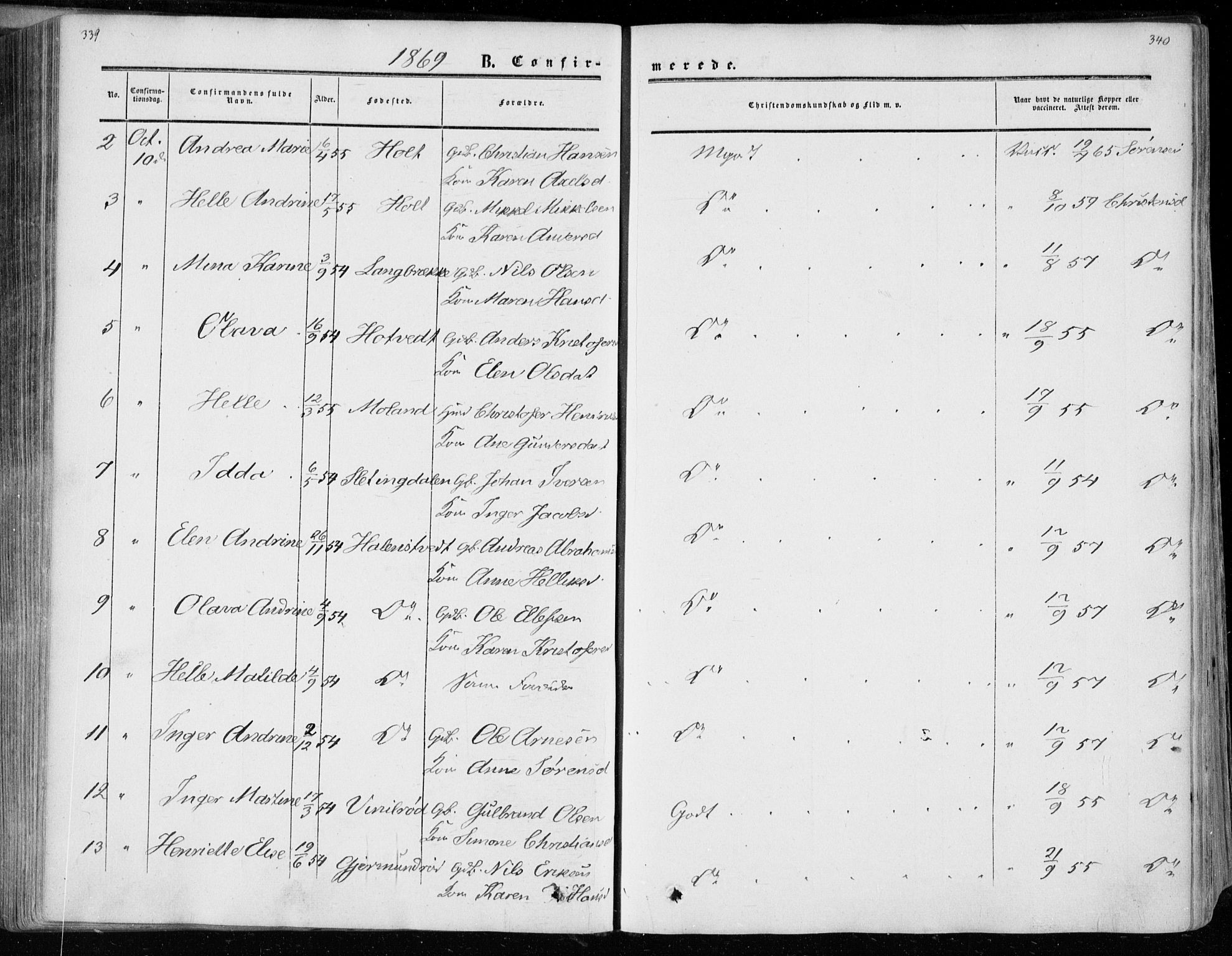 Andebu kirkebøker, AV/SAKO-A-336/F/Fa/L0005: Parish register (official) no. 5, 1857-1870, p. 339-340