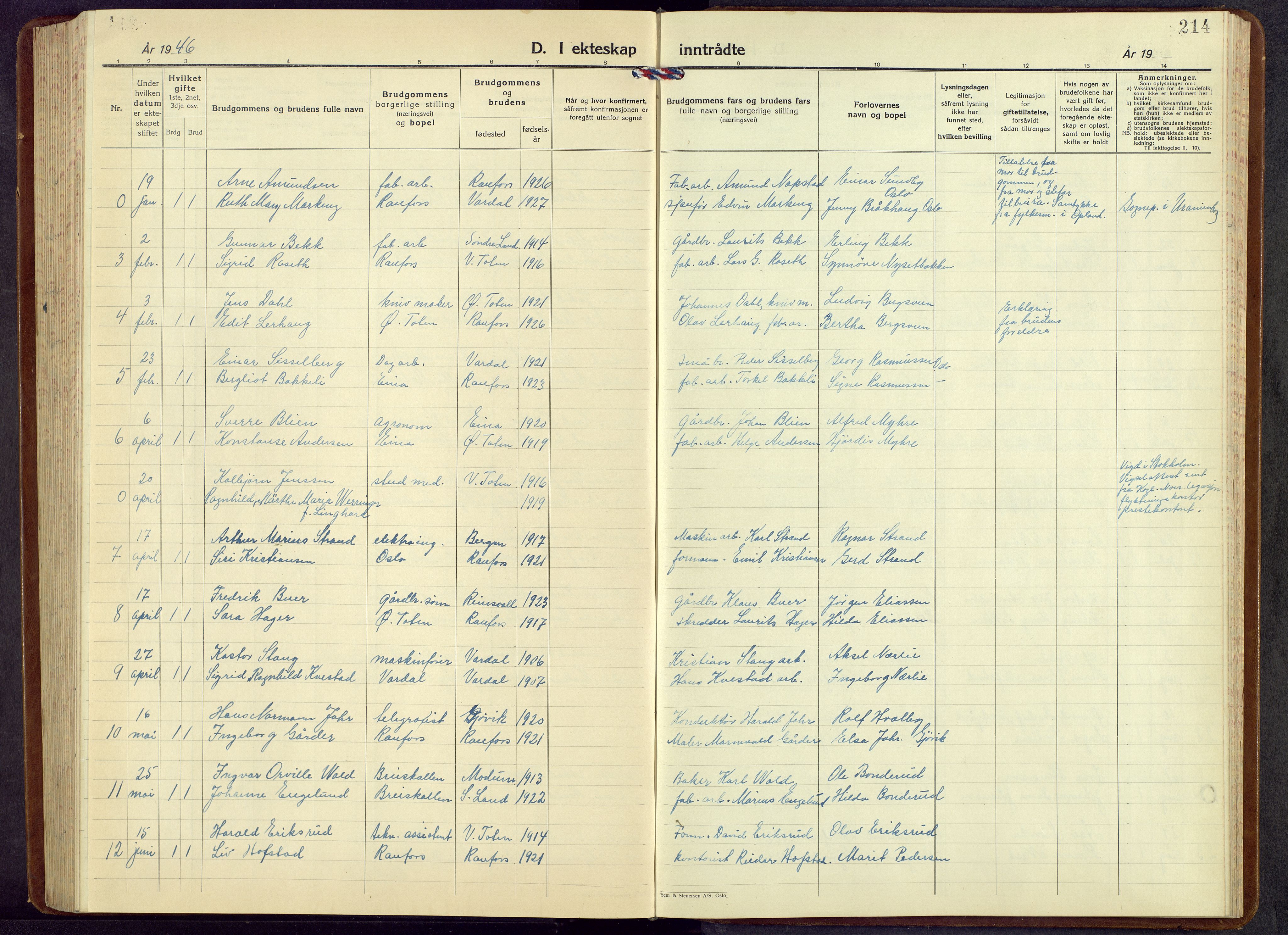 Vestre Toten prestekontor, AV/SAH-PREST-108/H/Ha/Hab/L0013: Parish register (copy) no. 13, 1940-1956, p. 214