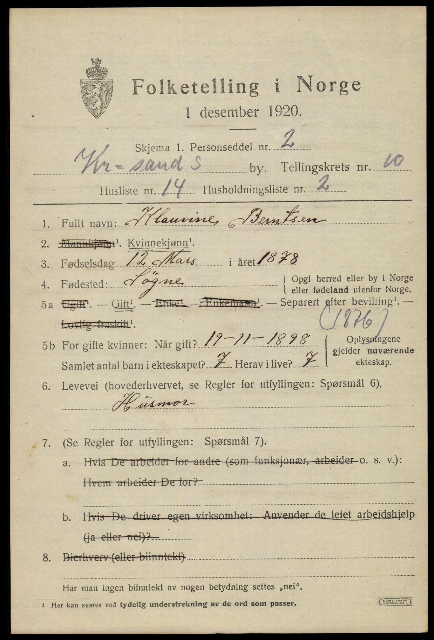 SAK, 1920 census for Kristiansand, 1920, p. 23895