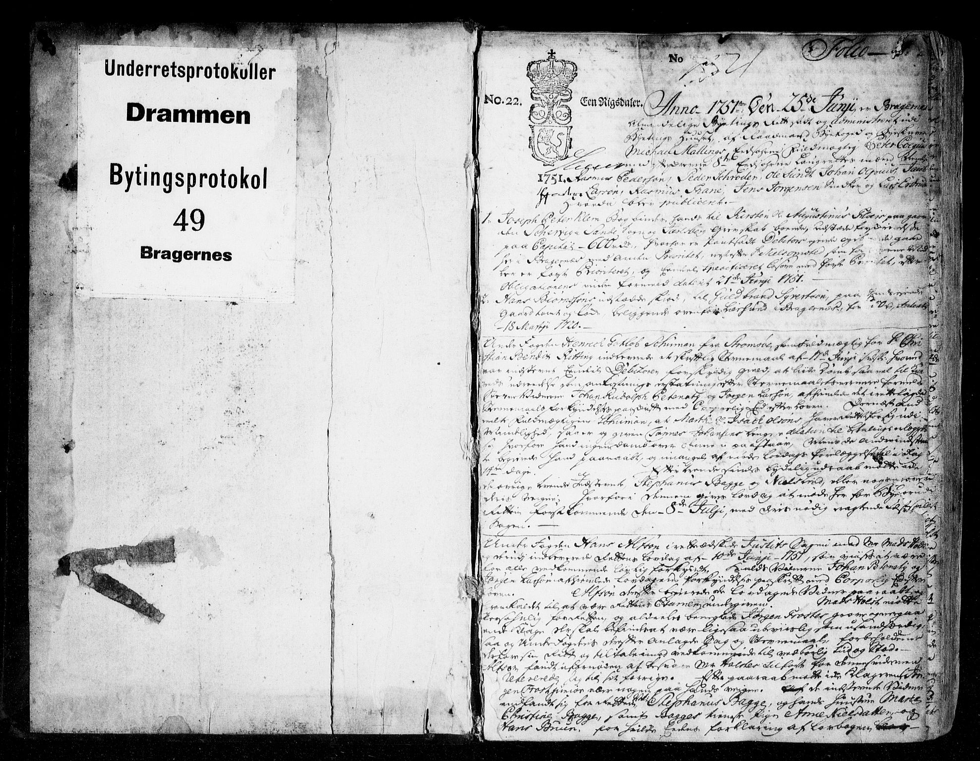 Drammen byfogd, SAKO/A-222/F/Fa/L0049: Tingbok. Bragernes., 1751-1755, p. 1