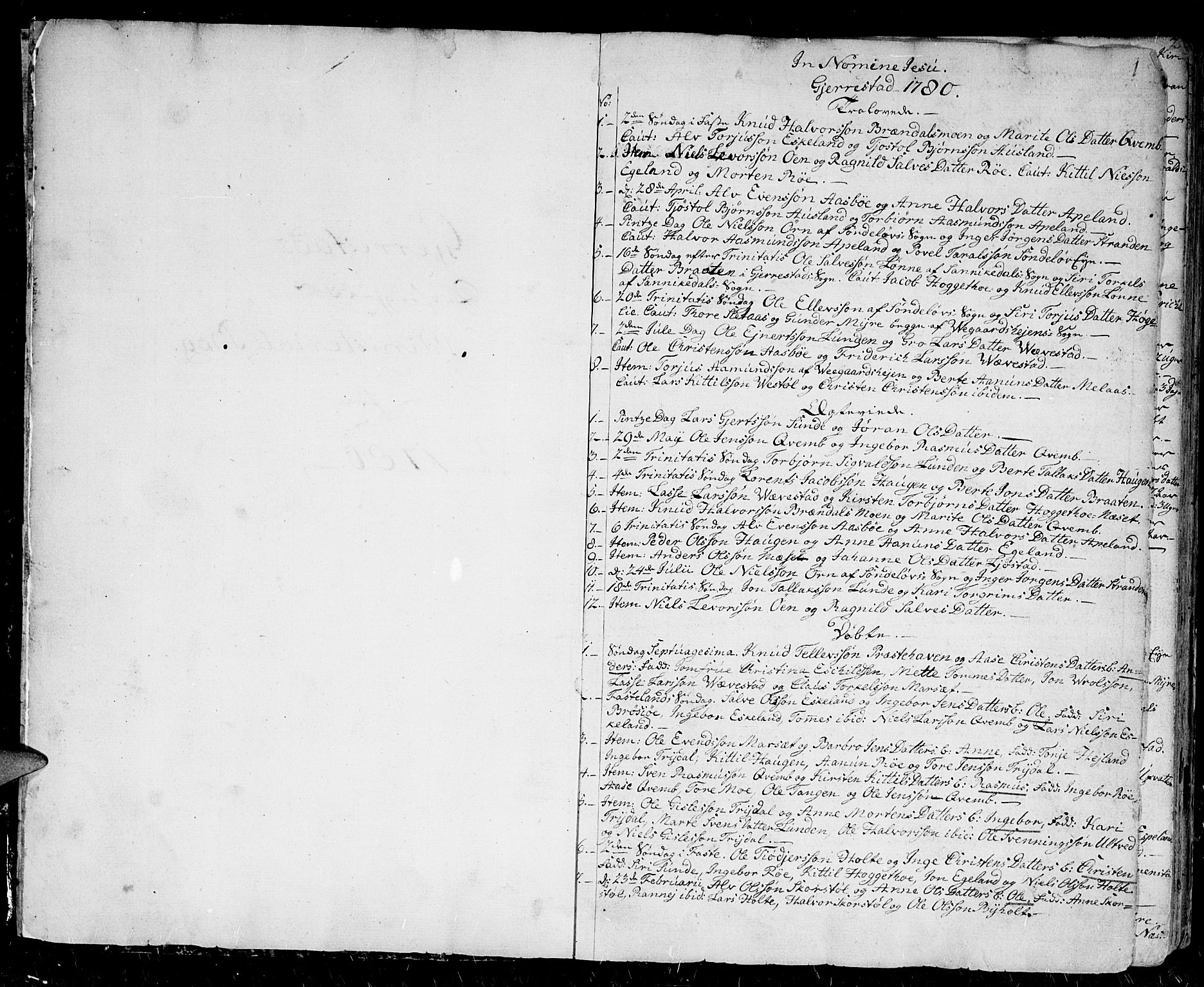 Gjerstad sokneprestkontor, SAK/1111-0014/F/Fa/Faa/L0003: Parish register (official) no. A 3, 1780-1815, p. 1