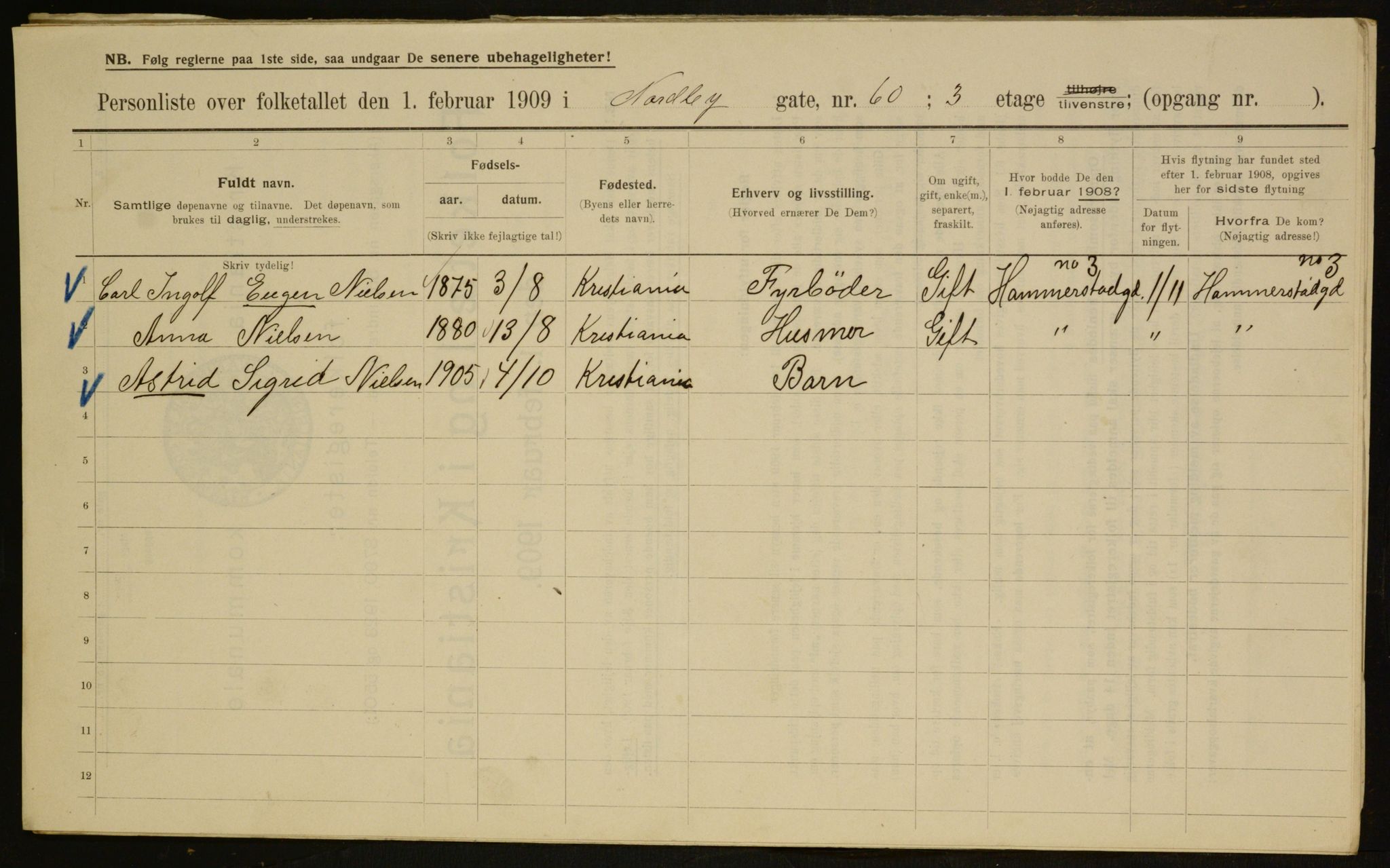 OBA, Municipal Census 1909 for Kristiania, 1909, p. 65309