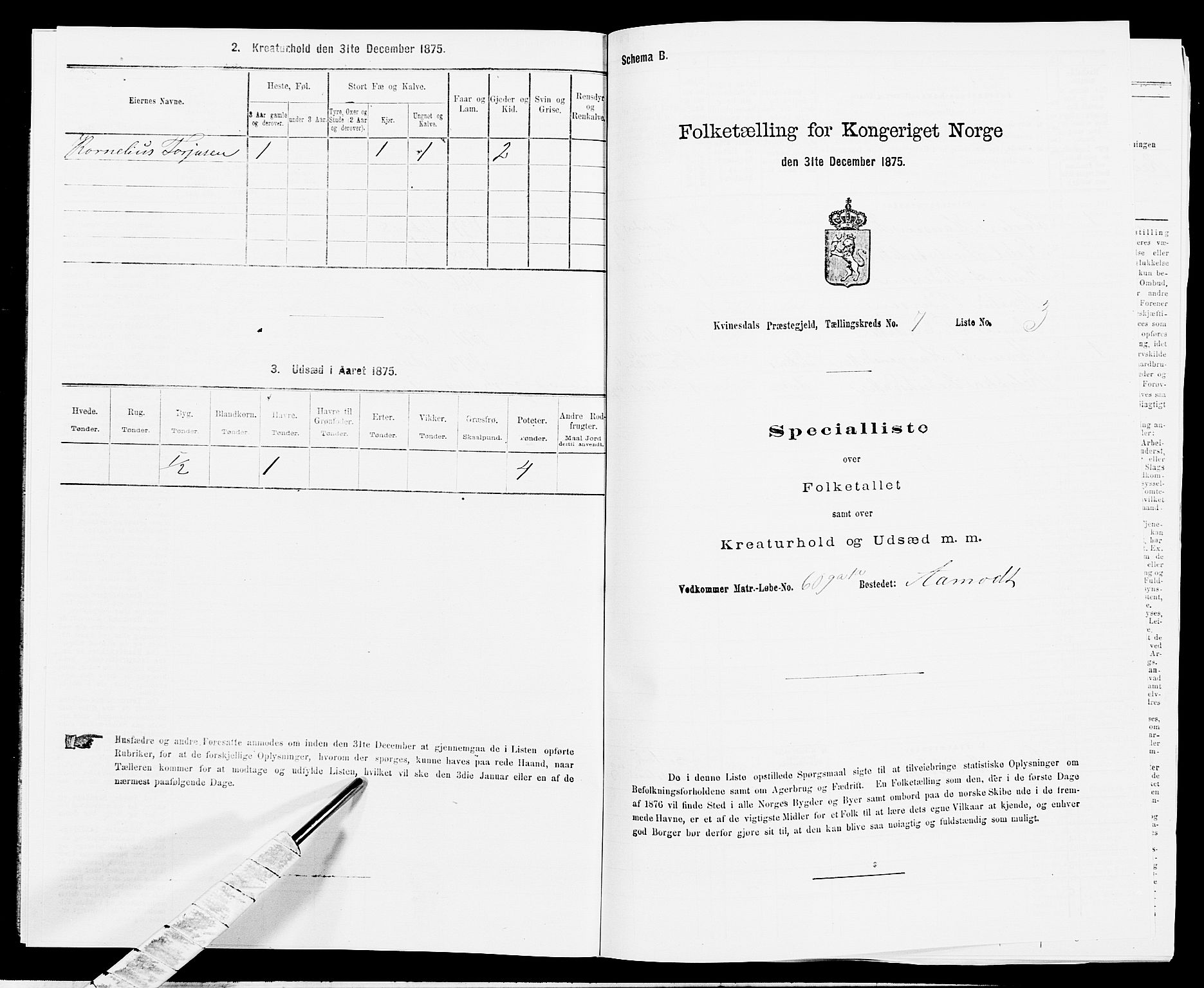 SAK, 1875 census for 1037P Kvinesdal, 1875, p. 1094