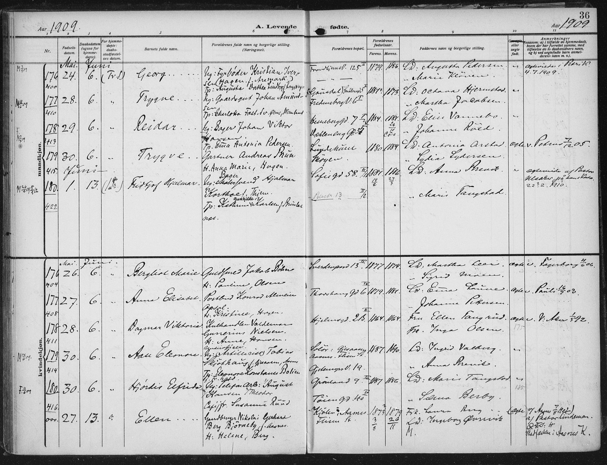 Rikshospitalet prestekontor Kirkebøker, AV/SAO-A-10309b/F/L0014: Parish register (official) no. 14, 1909-1912, p. 36