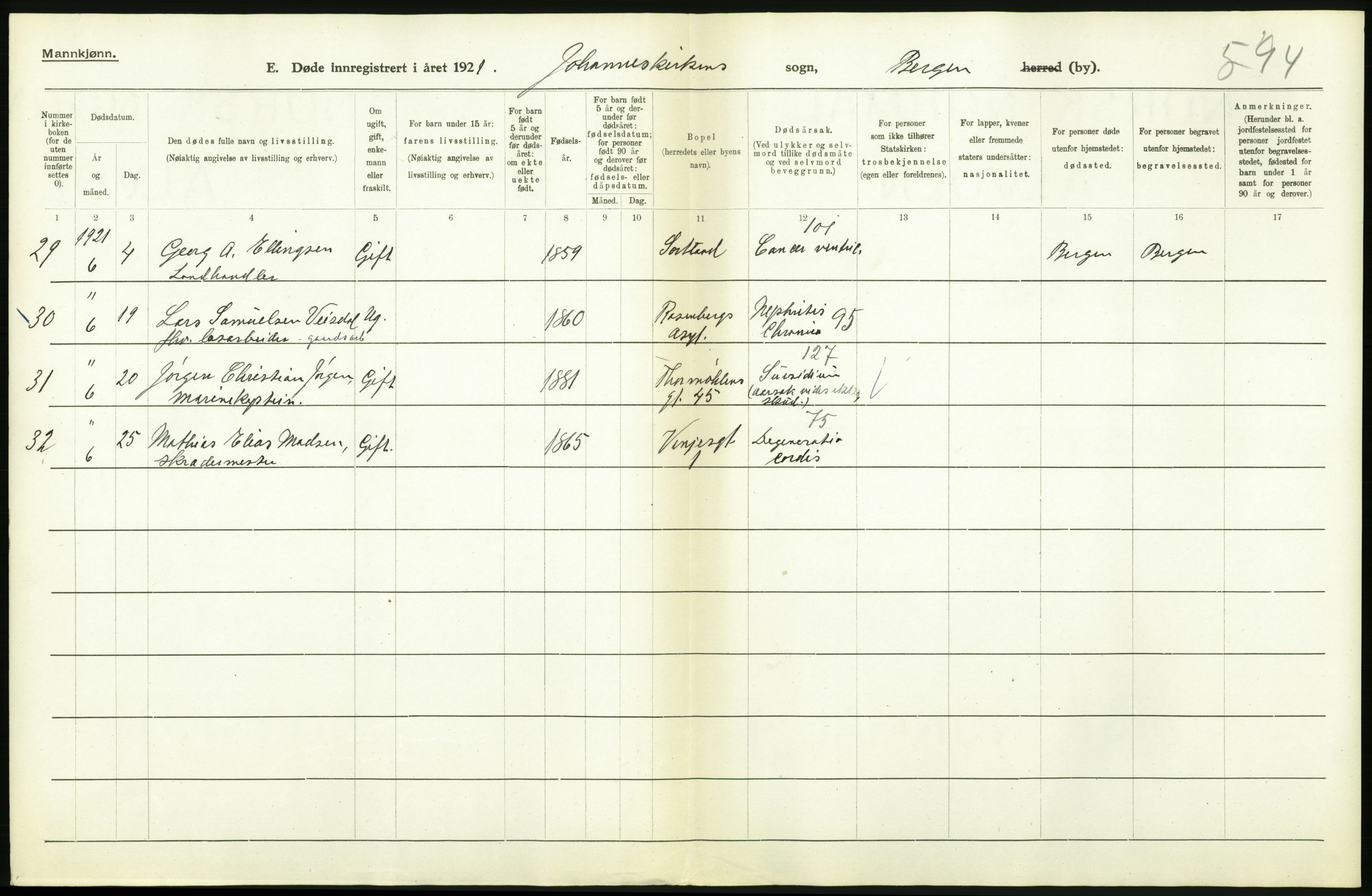 Statistisk sentralbyrå, Sosiodemografiske emner, Befolkning, RA/S-2228/D/Df/Dfc/Dfca/L0036: Bergen: Døde., 1921, p. 46