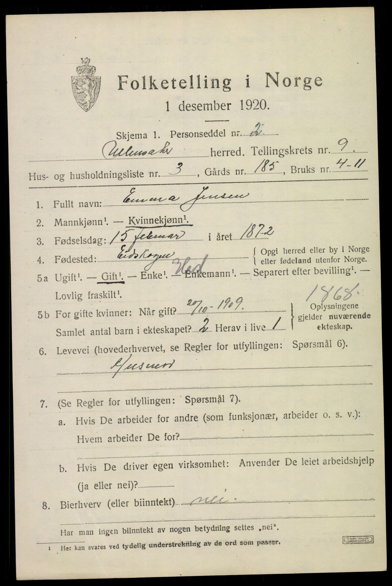 SAO, 1920 census for Ullensaker, 1920, p. 15413