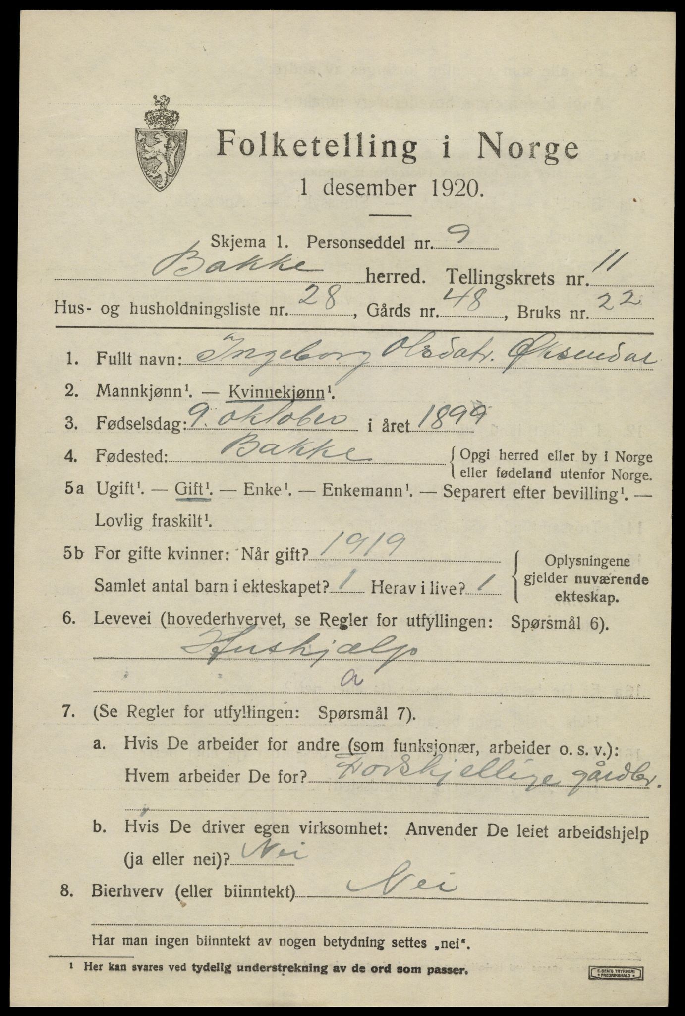 SAK, 1920 census for Bakke, 1920, p. 3110