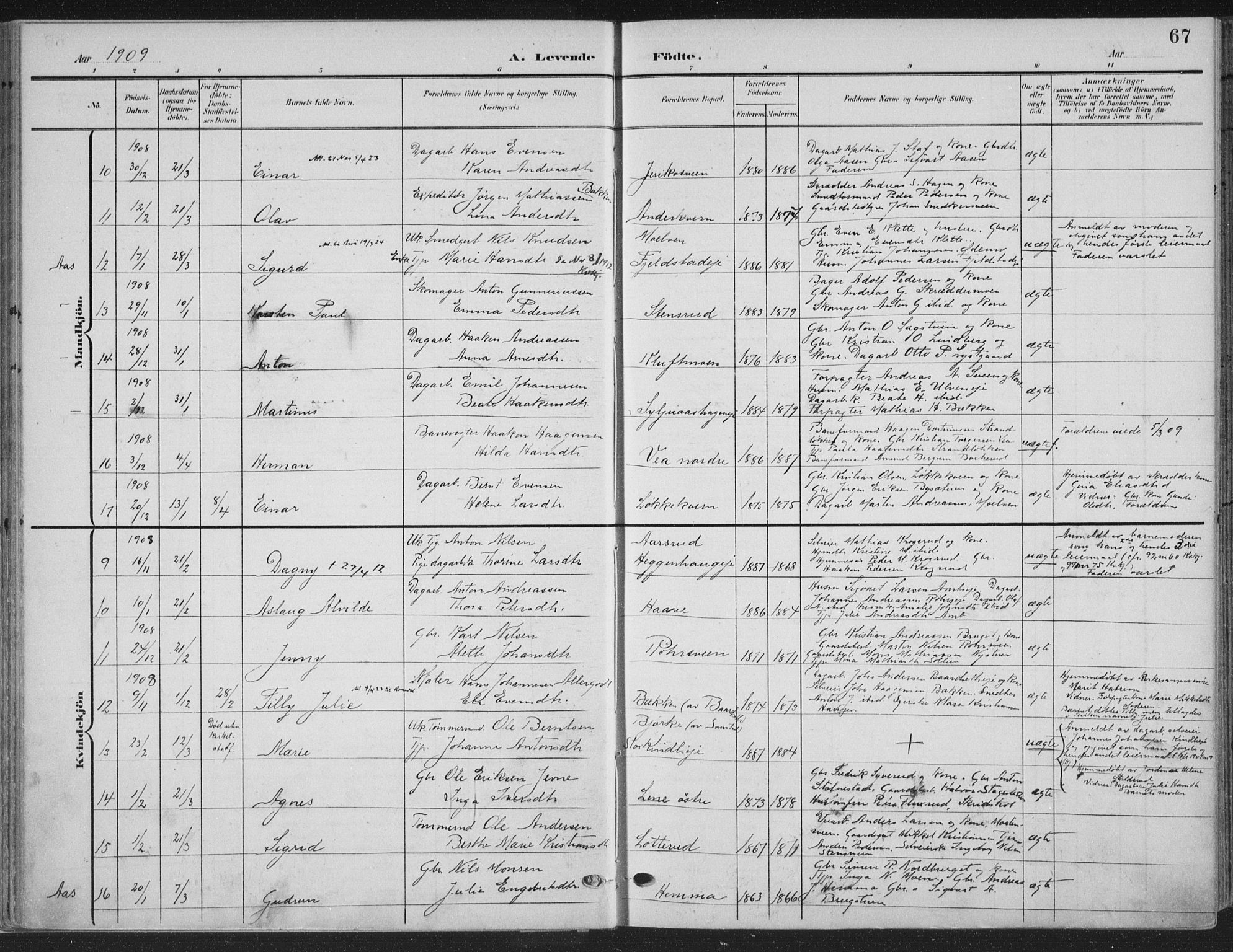Ringsaker prestekontor, SAH/PREST-014/K/Ka/L0018: Parish register (official) no. 18, 1903-1912, p. 67