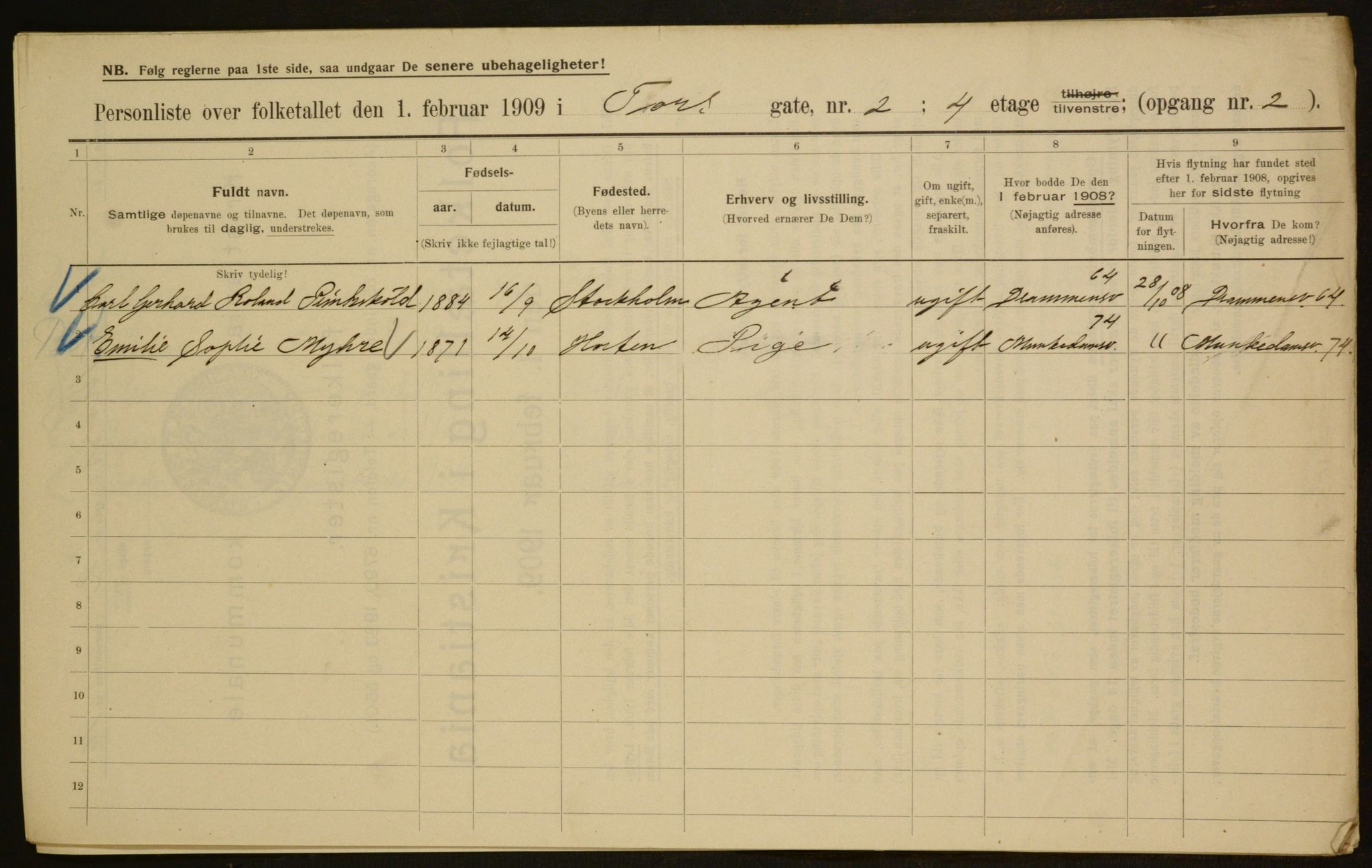 OBA, Municipal Census 1909 for Kristiania, 1909, p. 103722