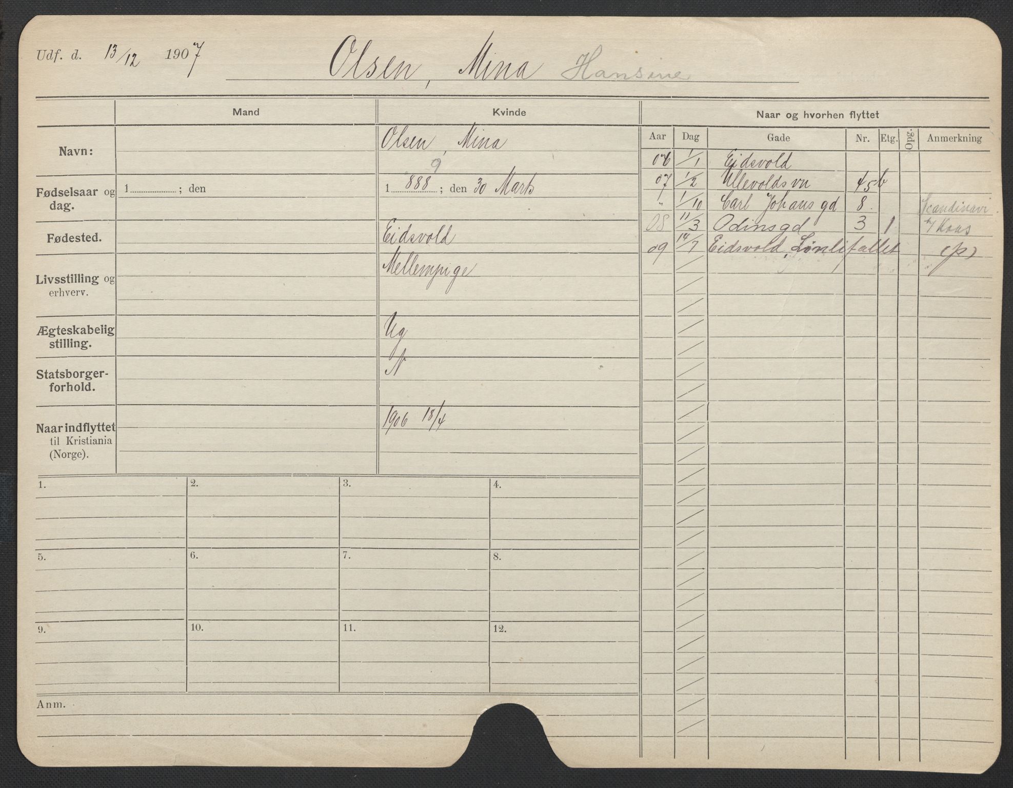 Oslo folkeregister, Registerkort, AV/SAO-A-11715/F/Fa/Fac/L0022: Kvinner, 1906-1914, p. 208a