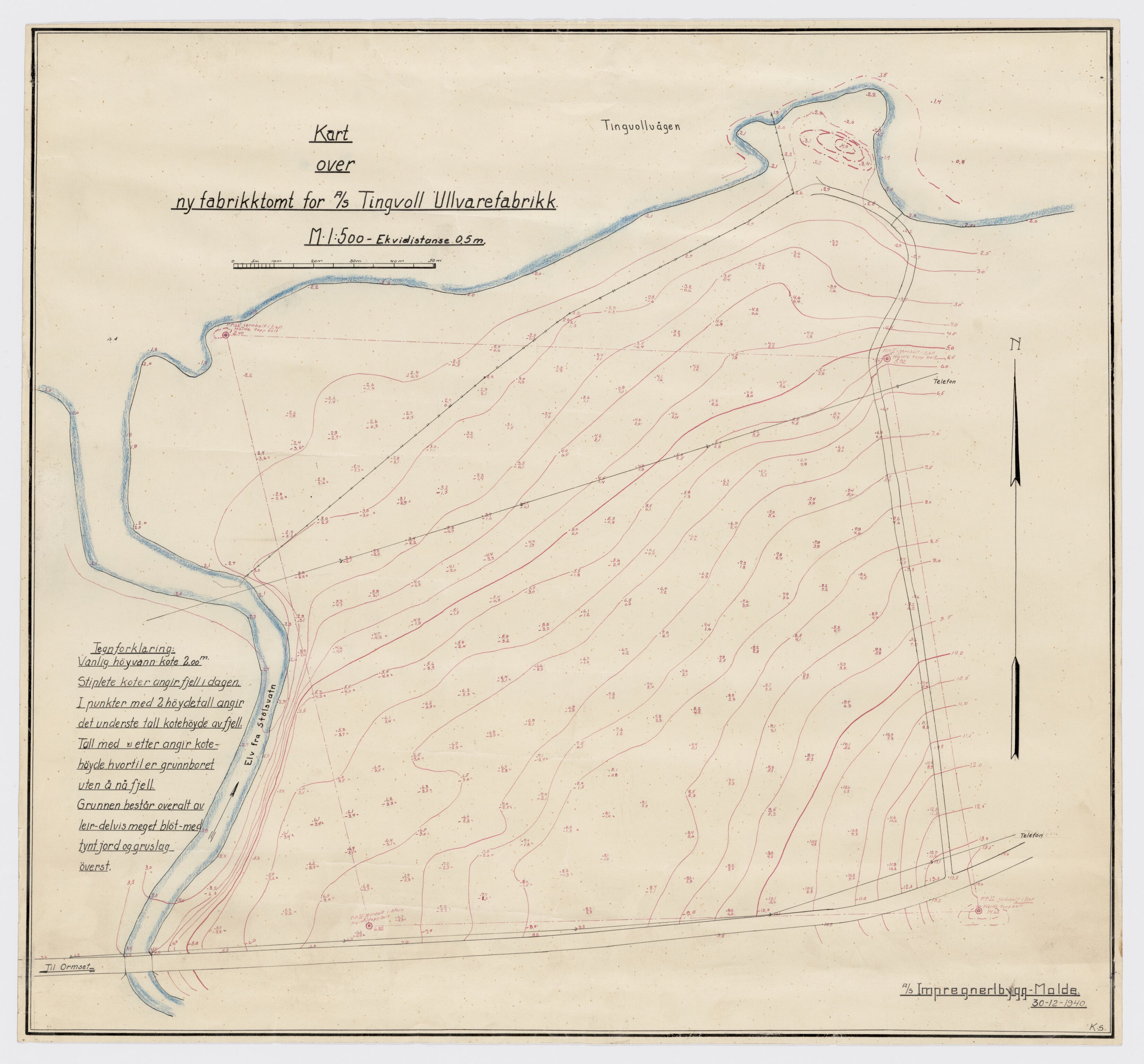 Tingvoll Ullvarefabrikk, IKAM/P-00482/T/Ta/L0017: Kart over ny fabrikktomt for TU, 1940