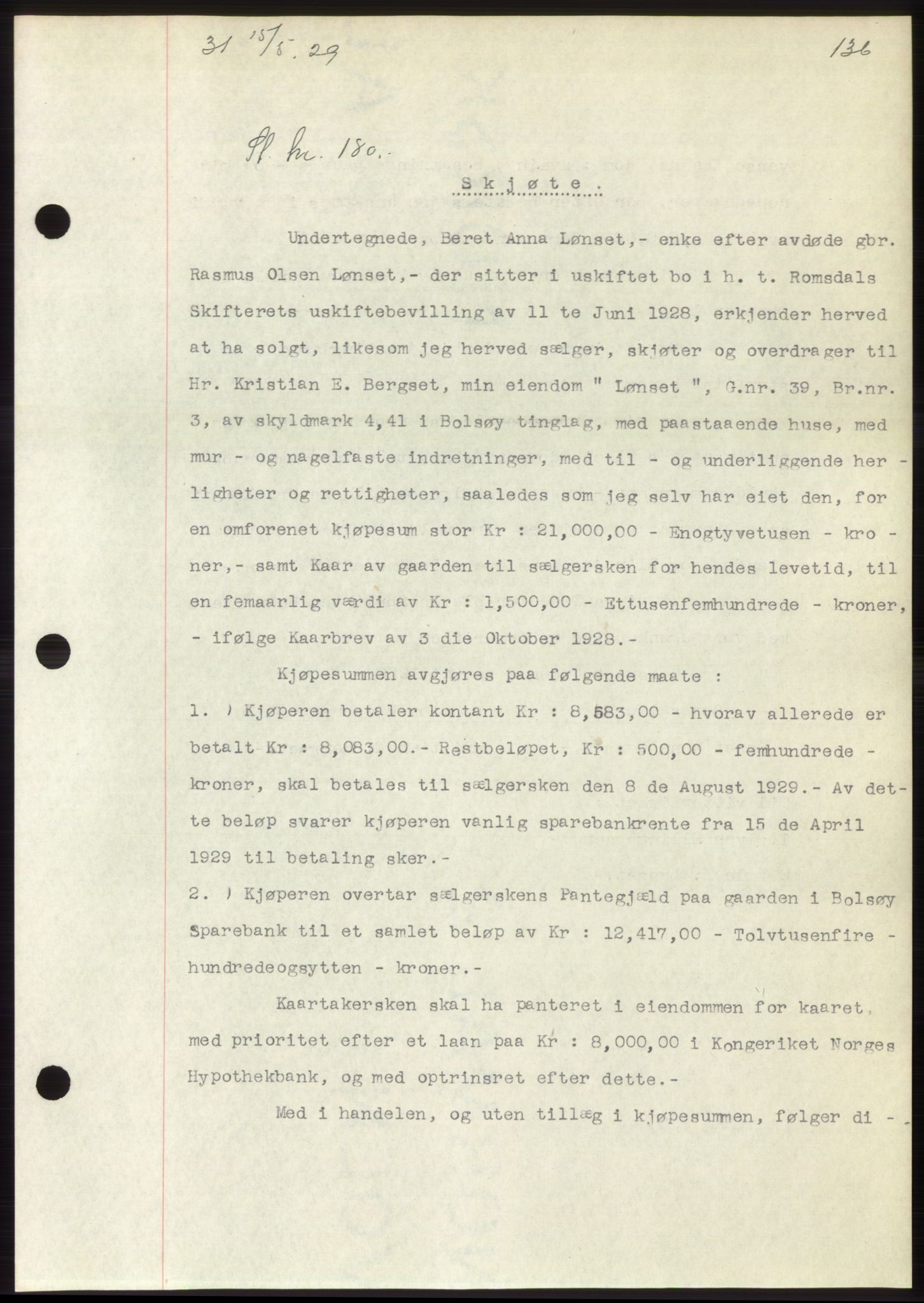 Romsdal sorenskriveri, AV/SAT-A-4149/1/2/2C/L0056: Mortgage book no. 50, 1929-1929, Deed date: 15.05.1929