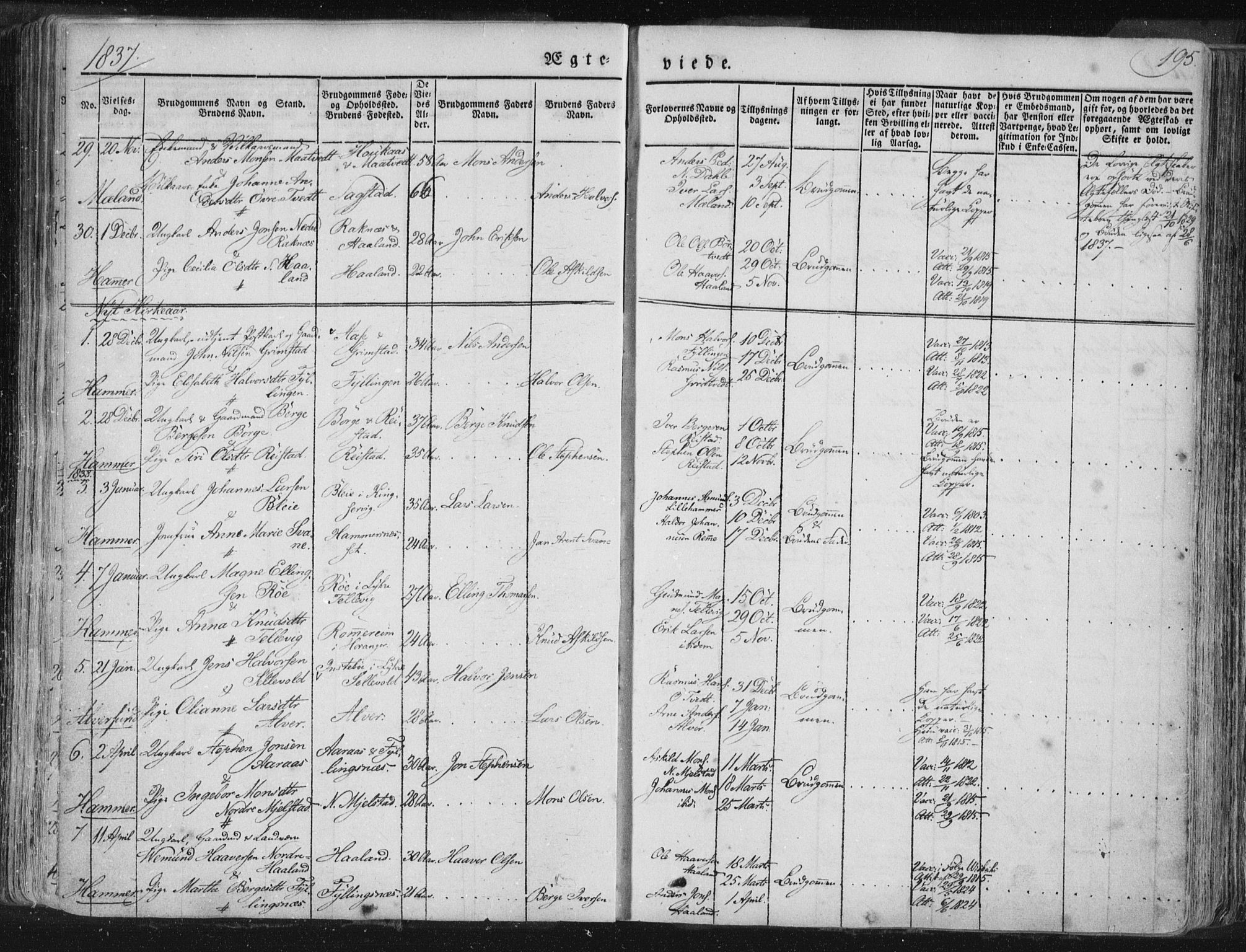 Hamre sokneprestembete, SAB/A-75501/H/Ha/Haa/Haaa/L0012: Parish register (official) no. A 12, 1834-1845, p. 195