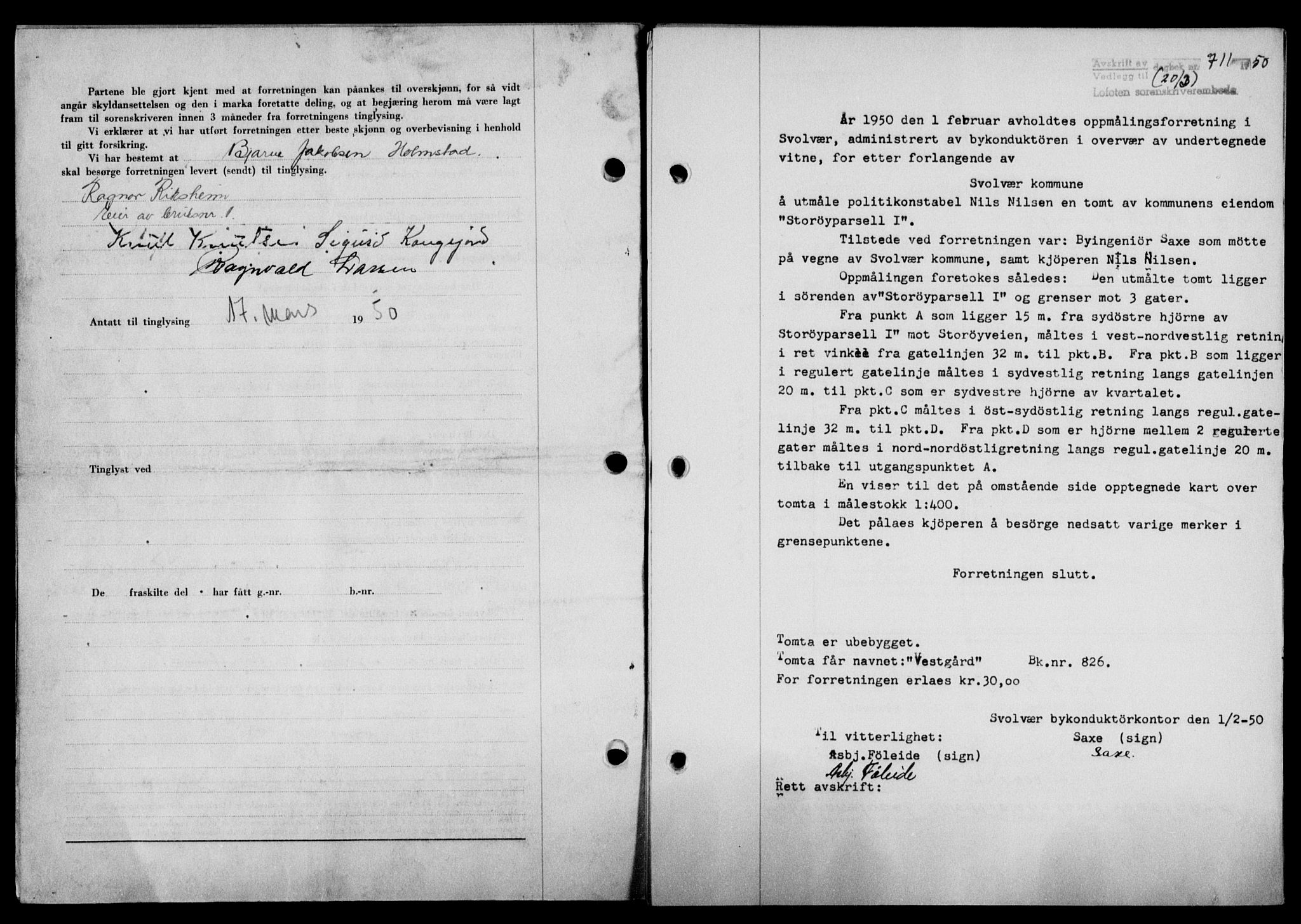 Lofoten sorenskriveri, SAT/A-0017/1/2/2C/L0023a: Mortgage book no. 23a, 1950-1950, Diary no: : 711/1950
