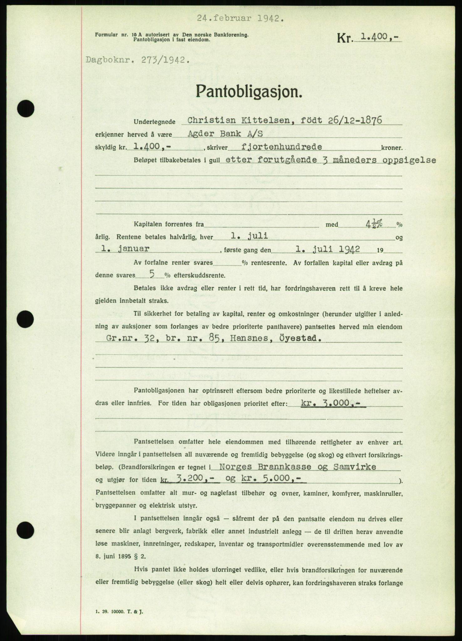 Nedenes sorenskriveri, AV/SAK-1221-0006/G/Gb/Gbb/L0001: Mortgage book no. I, 1939-1942, Diary no: : 273/1942