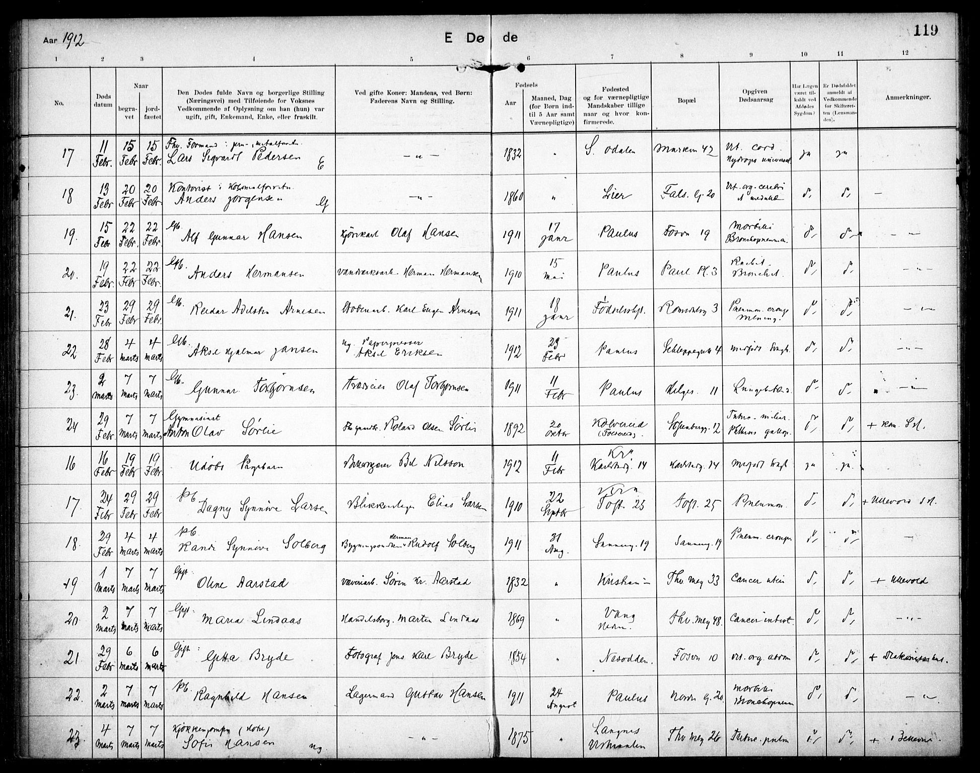 Paulus prestekontor Kirkebøker, AV/SAO-A-10871/F/Fa/L0018: Parish register (official) no. 18, 1906-1915, p. 119